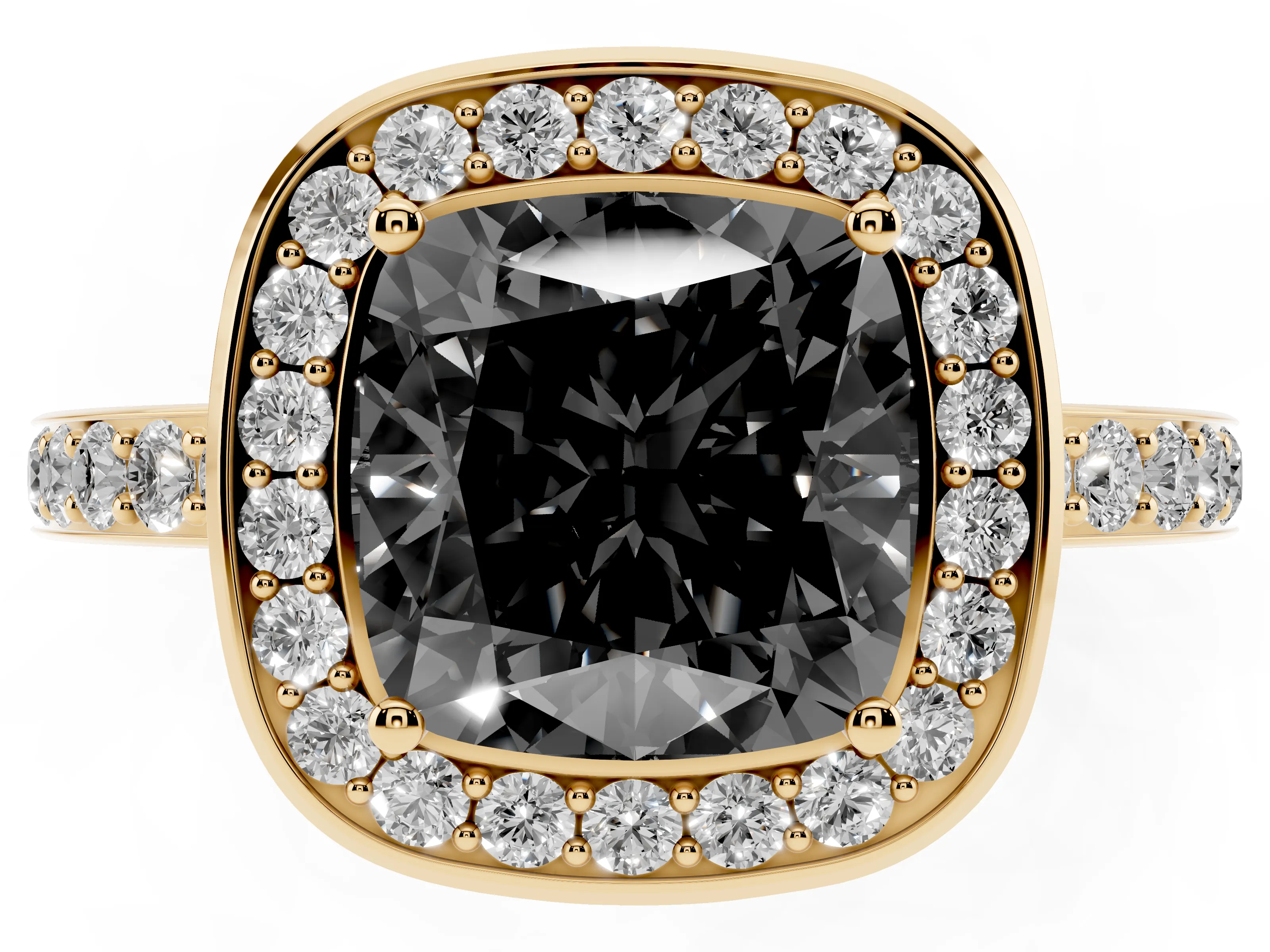 Fancy Black Cushion Cut Diamond Halo Ring Set in Yellow gold with Bezel Frame and Pavé Band