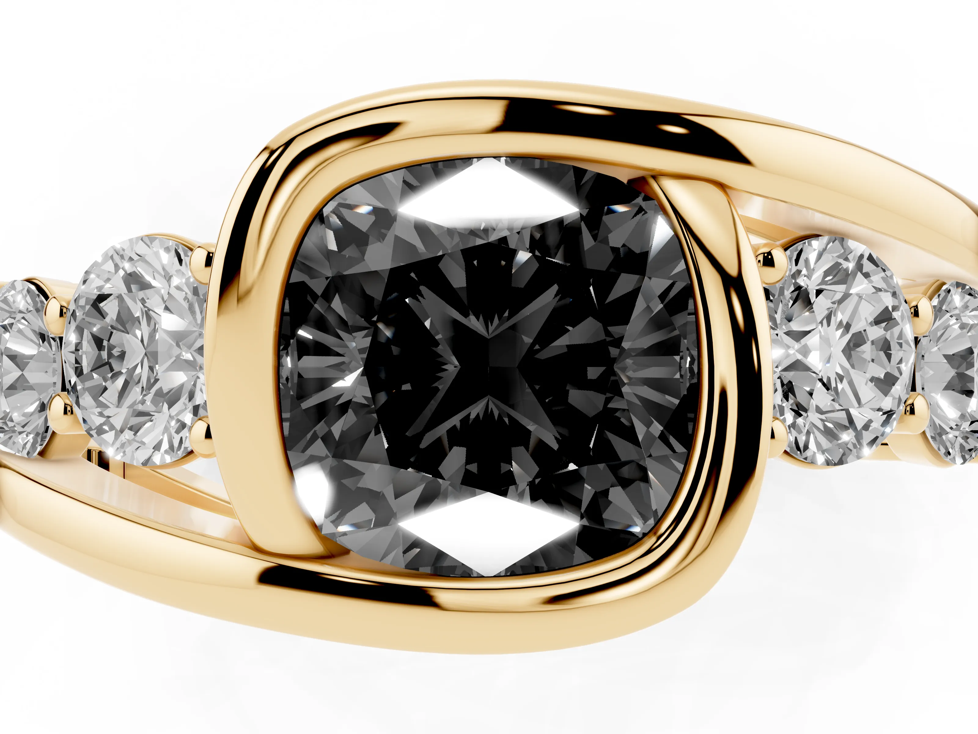 Fancy Black Cushion Cut Diamond Bezel Bypass Ring Set in Yellow gold with Round Accents