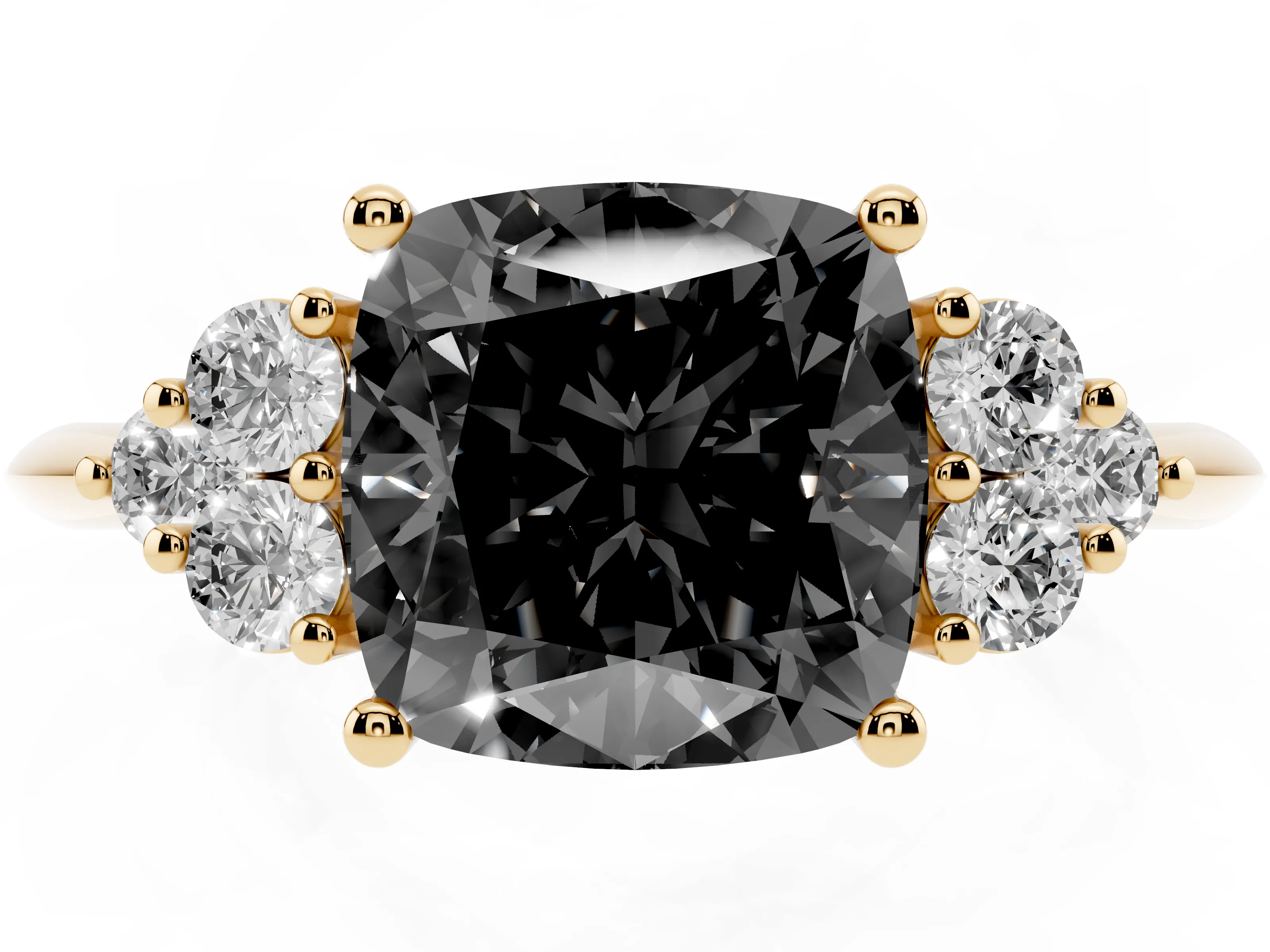 Fancy Black Cushion Cut Diamond Cluster Ring Set in Yellow gold with Plain Band and Prong Setting