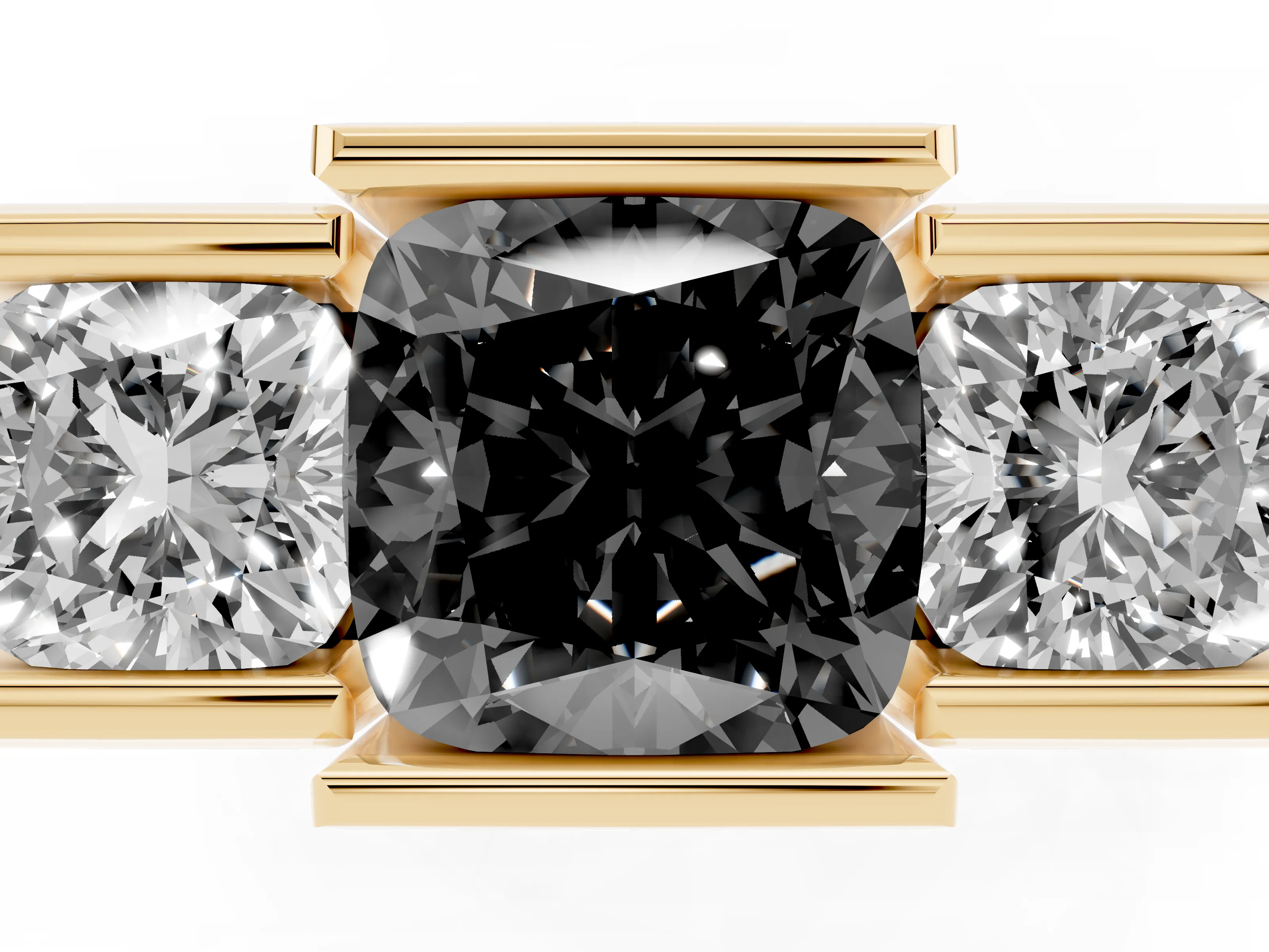 Fancy Black Cushion Cut Diamond Three-Stone Channel Set Ring Set in Yellow gold with Smooth Polished Band