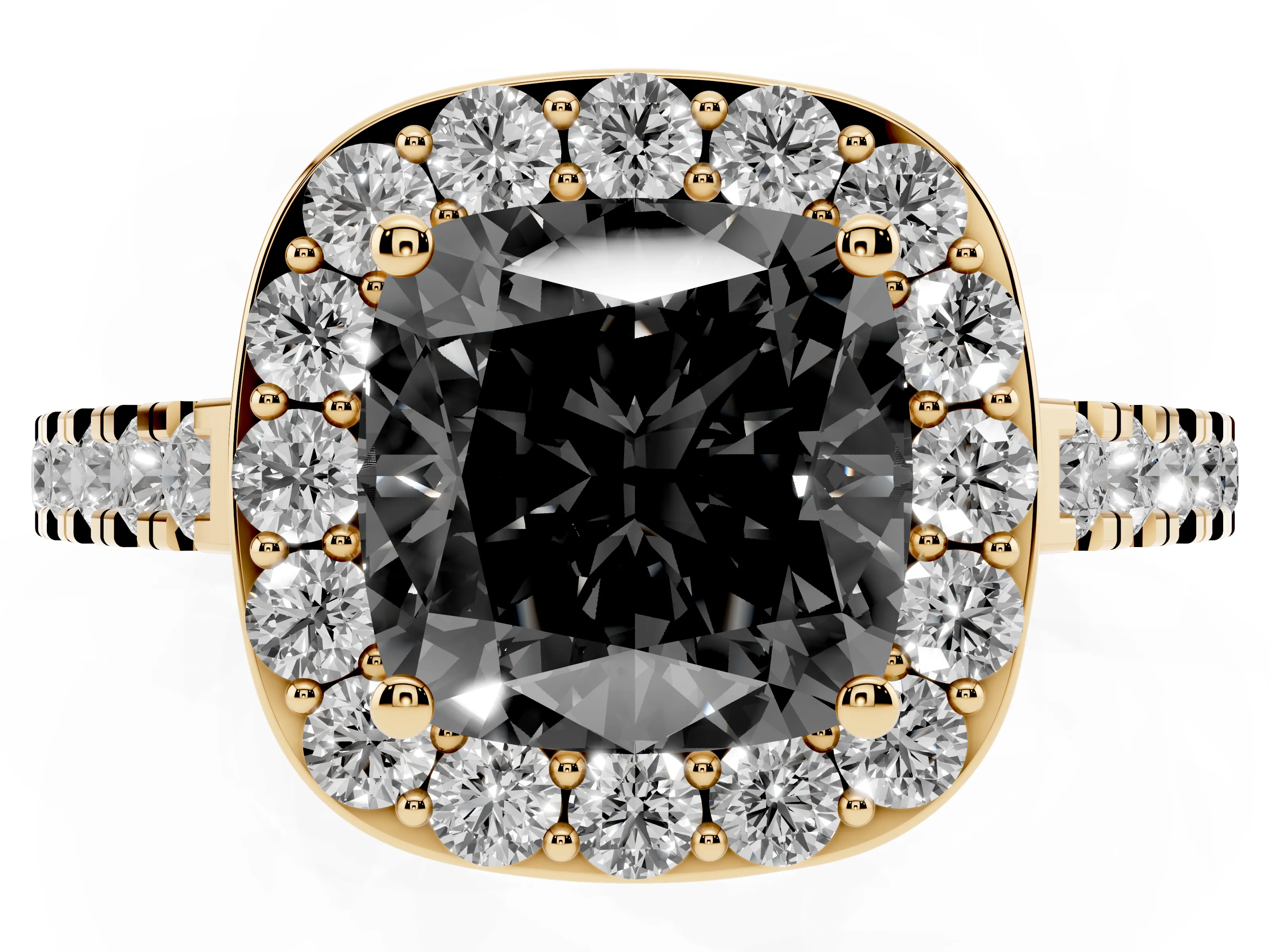 Fancy Black Cushion Cut Diamond Halo Ring Set in Yellow gold with Round Pavé Split Shank and Prong Setting