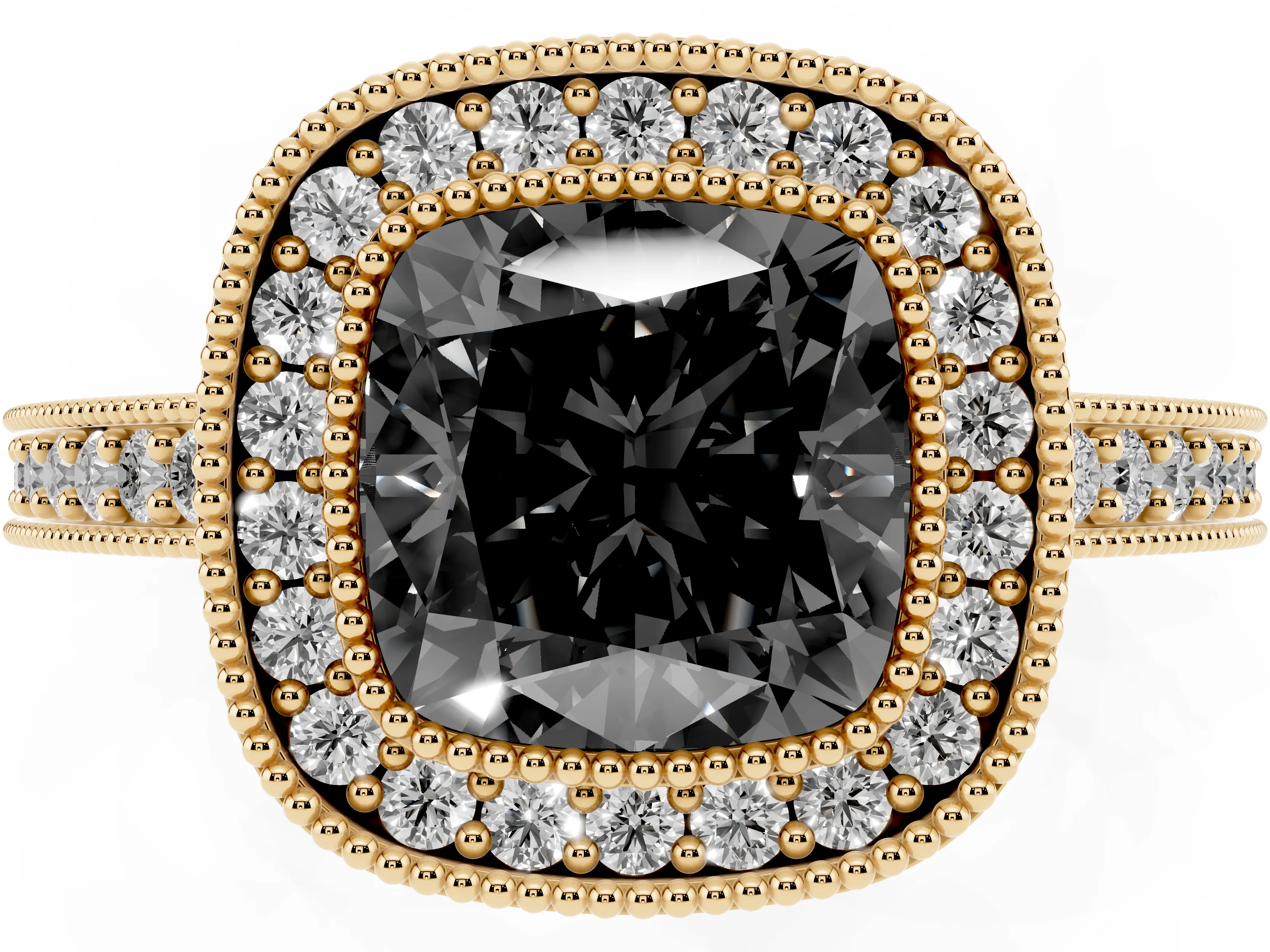 Fancy Black Cushion Cut Diamond Halo Engagement Ring Set in Yellow gold with Pavé Band and Round Halo Stones