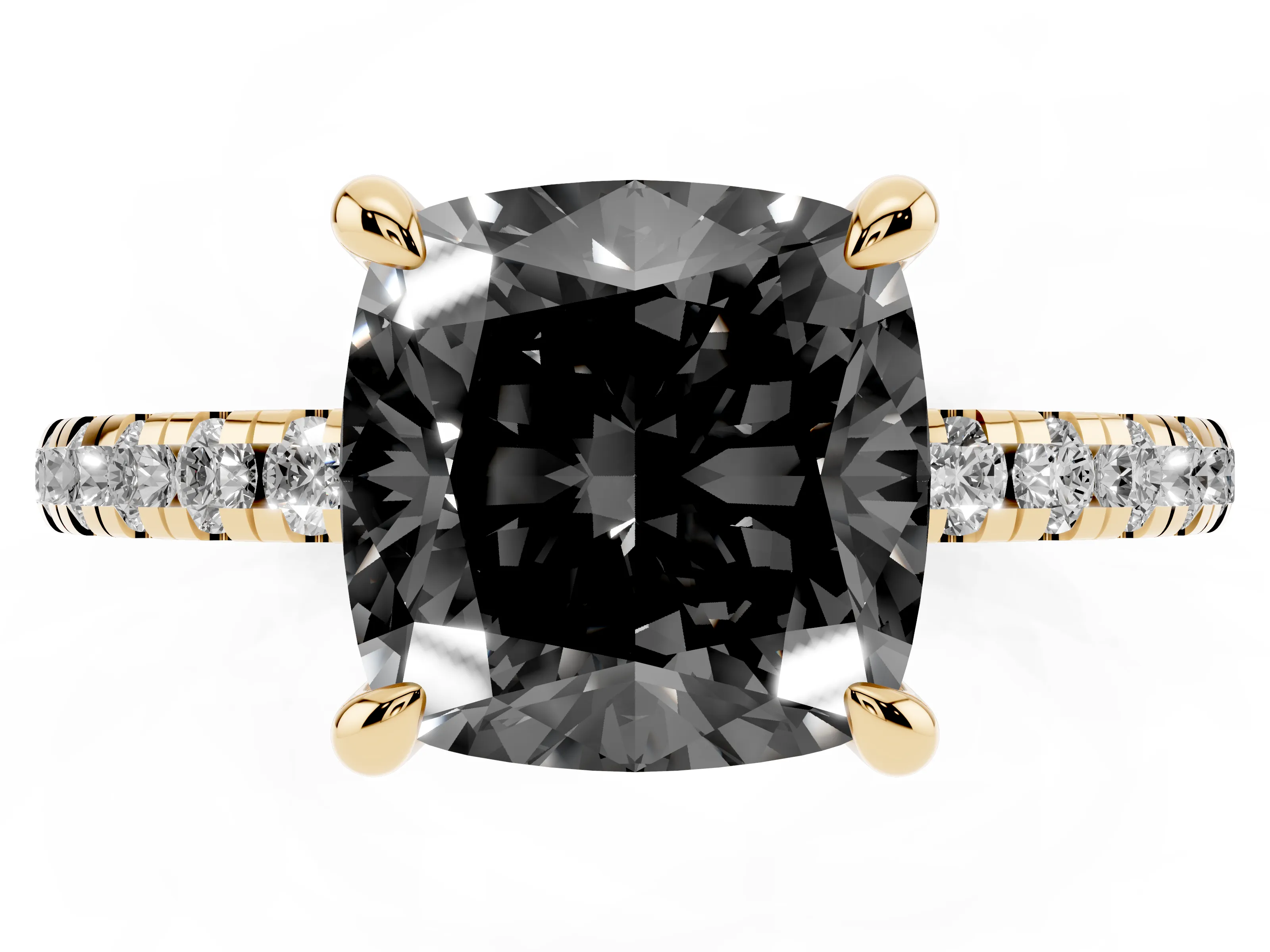 Fancy Black Cushion Cut Diamond Brilliant Solitaire Ring Set in Yellow gold with Pavé Band and Prong Setting