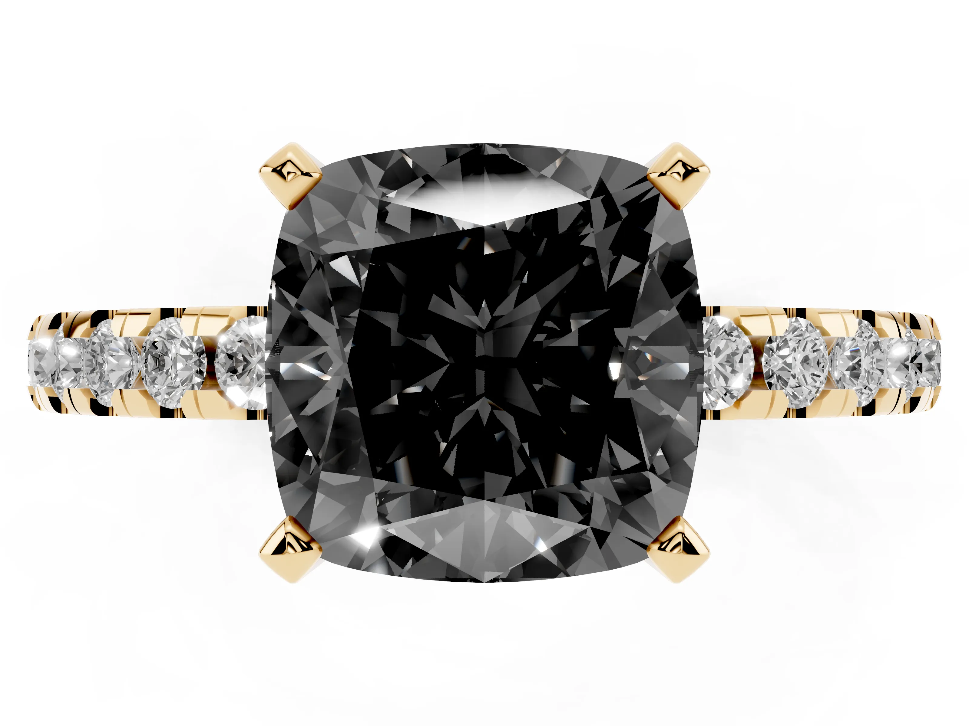 Fancy Black Cushion Cut Diamond Pavé Solitaire Ring Set in Yellow gold with Round Band Accents and Prong Setting