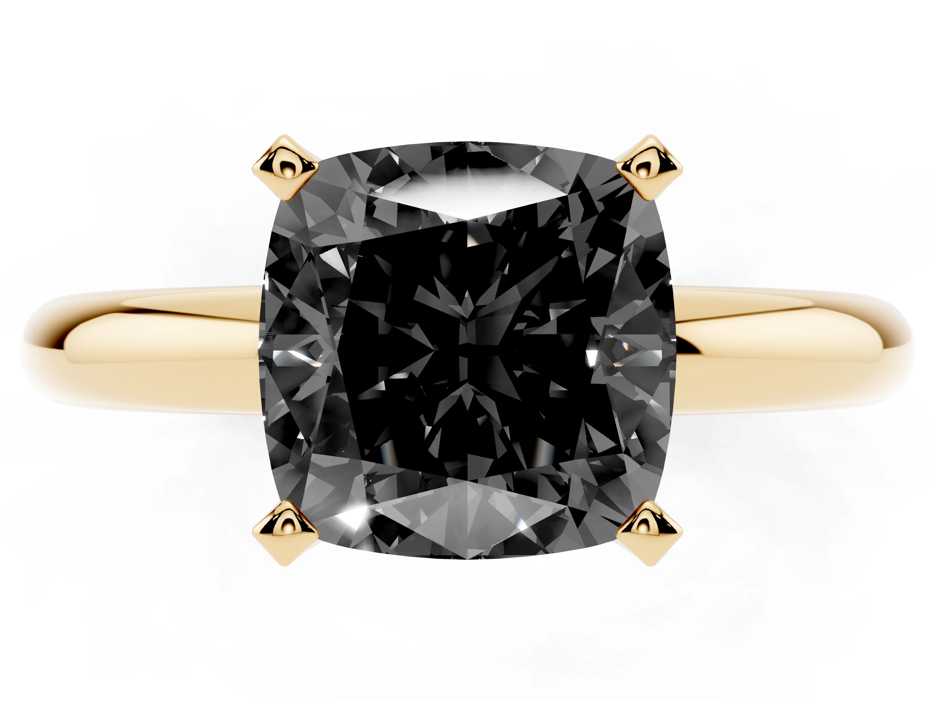 Fancy Black Cushion Cut Diamond Solitaire Engagement Ring Set in Yellow gold with Round Band and Prong Setting