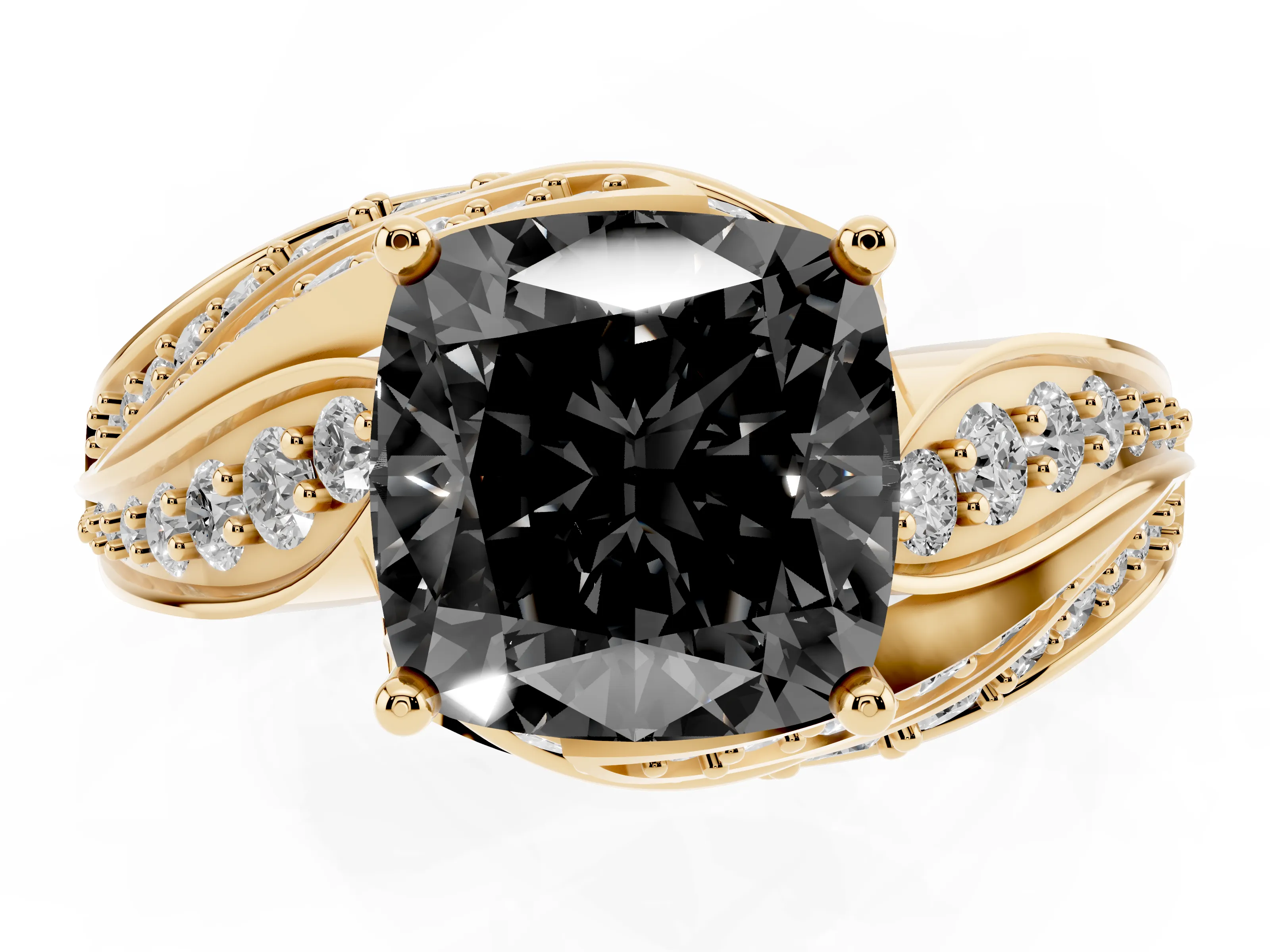 Fancy Black Cushion Cut Diamond Solitaire Ring Set in Yellow gold with Layered Twist Pavé Band