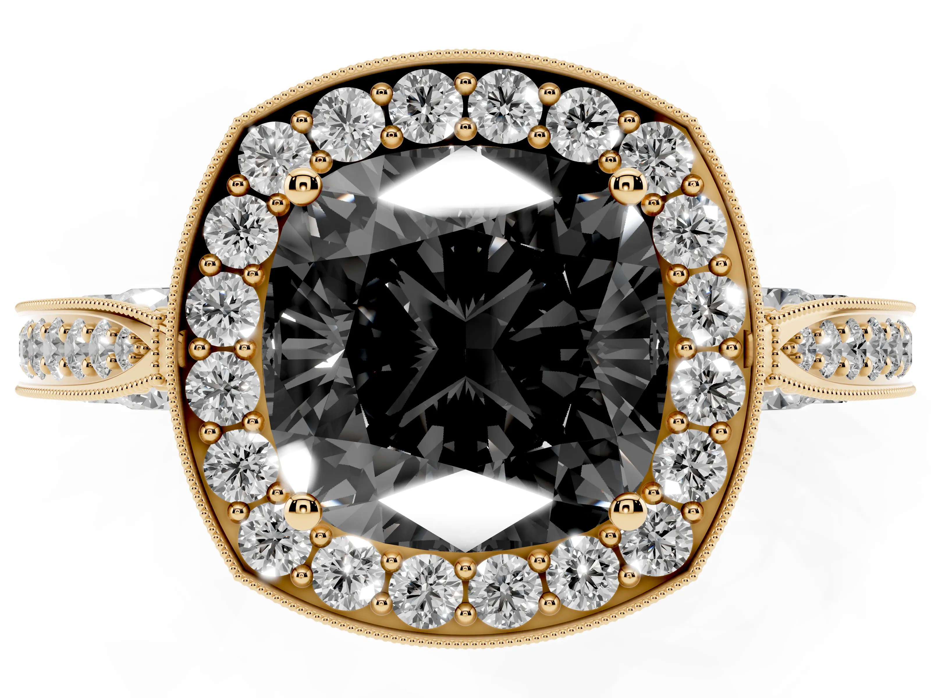 Fancy Black Cushion Cut Diamond Halo Engagement Ring Set in Yellow gold with Accent Split Shank Band