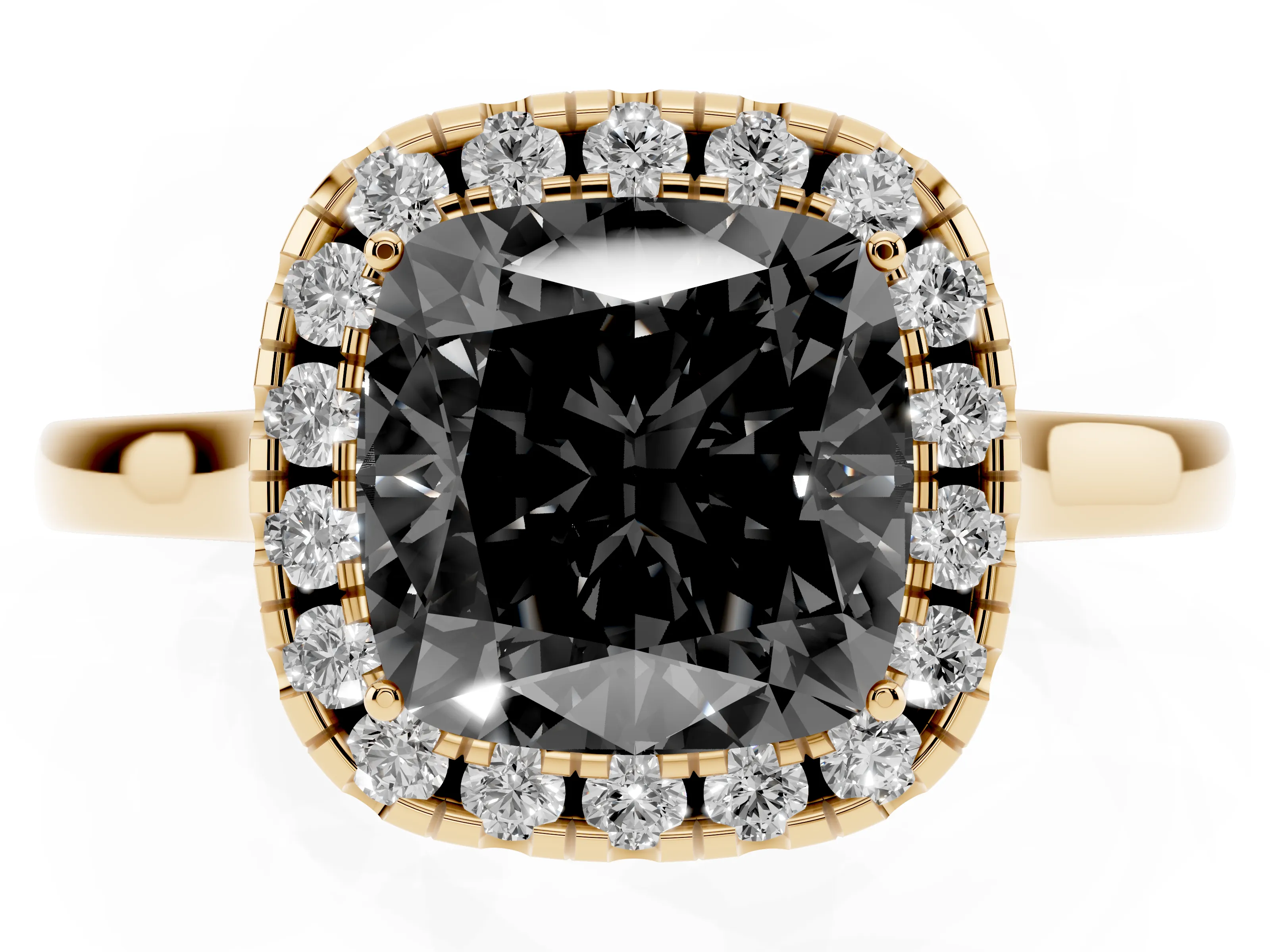 Fancy Black Cushion Cut Halo Round Diamond Solitaire Ring Set in Yellow gold with Pavé Band and Prong Setting