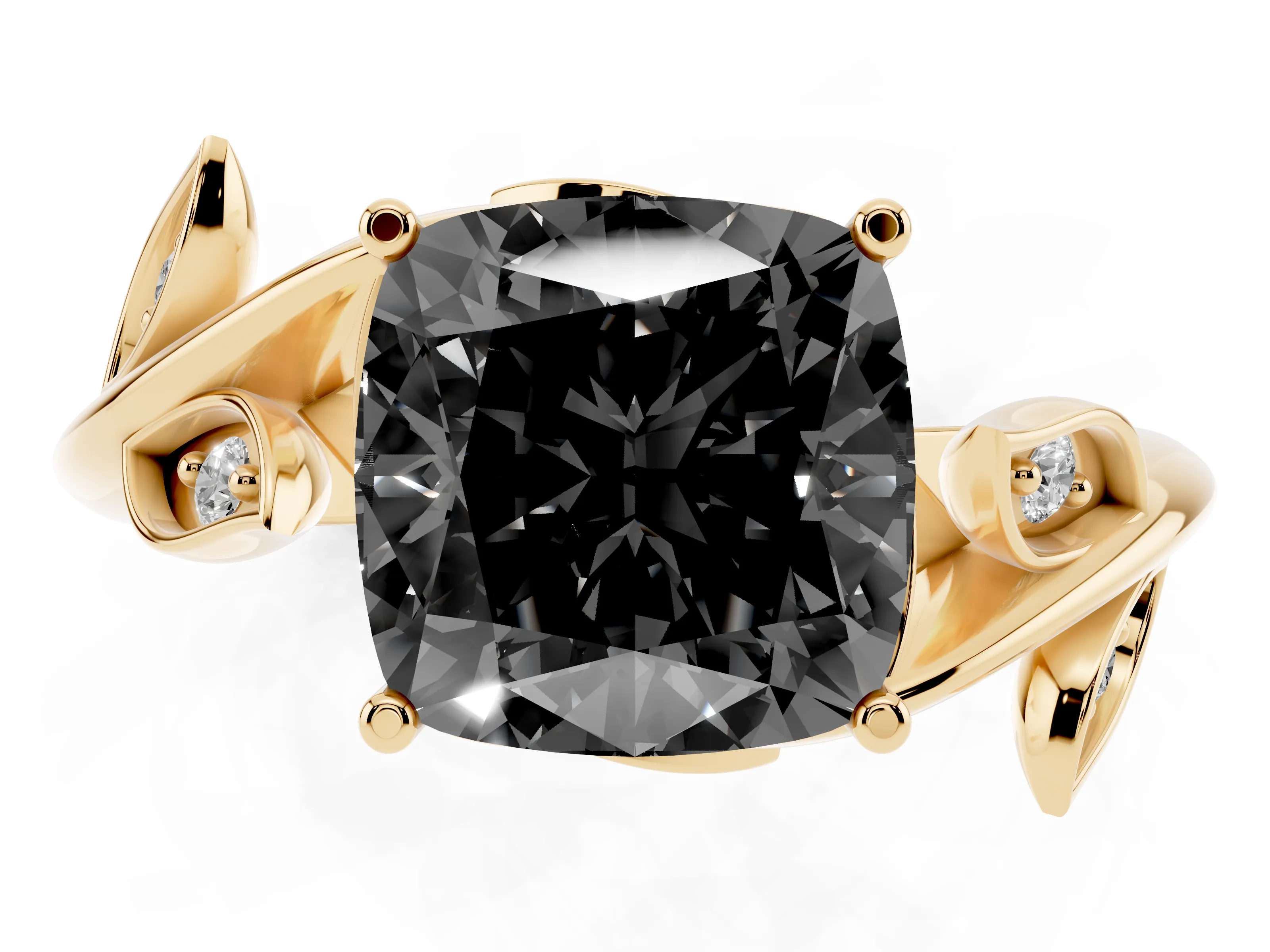 Fancy Black Cushion Cut Diamond Solitaire Twist Engagement Ring Set in Yellow gold with Pavé Leaf Accents