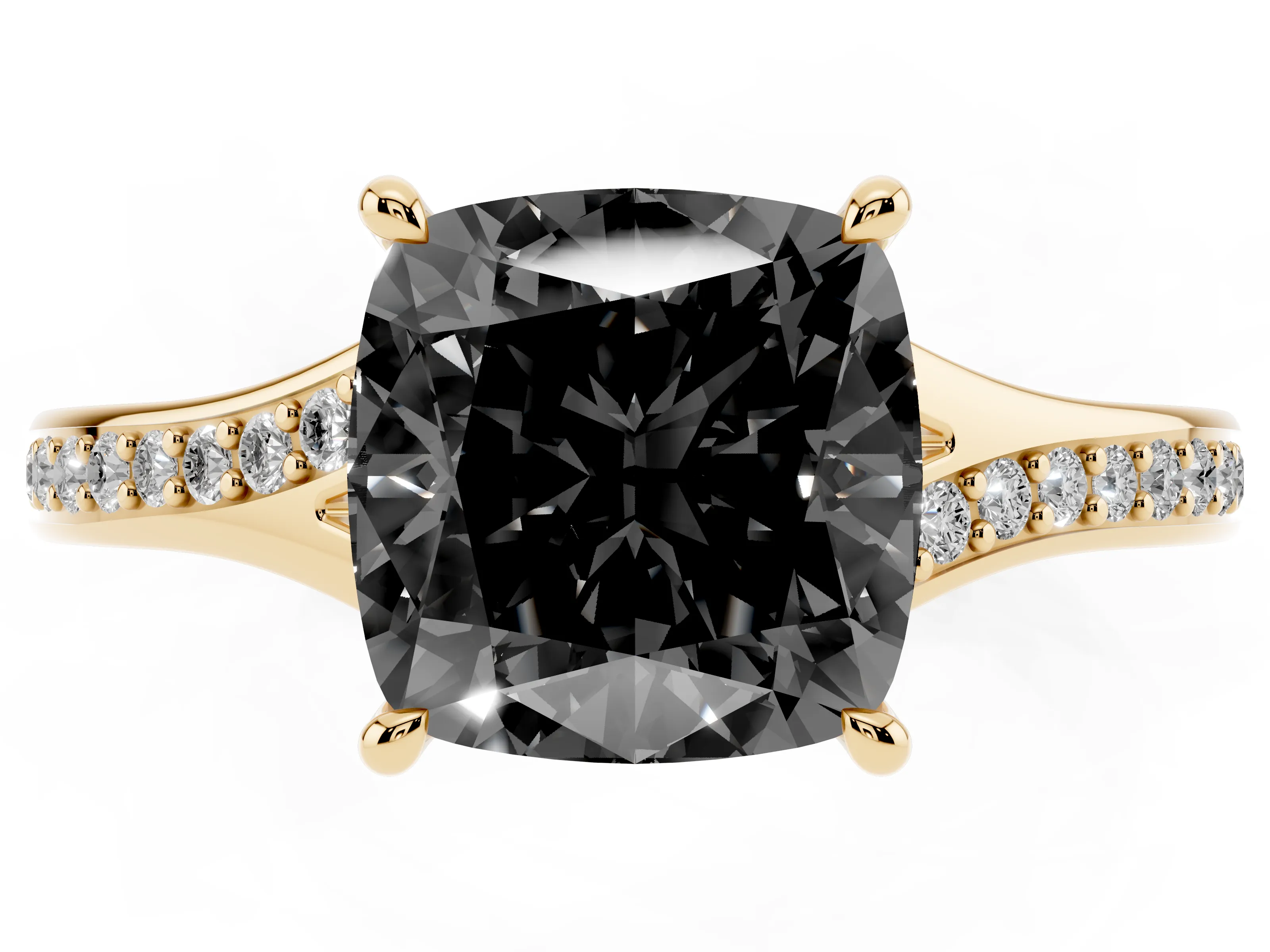 Fancy Black Cushion Cut Diamond Solitaire Ring Set in Yellow gold with Pavé Accent Band and Classic Prong Setting