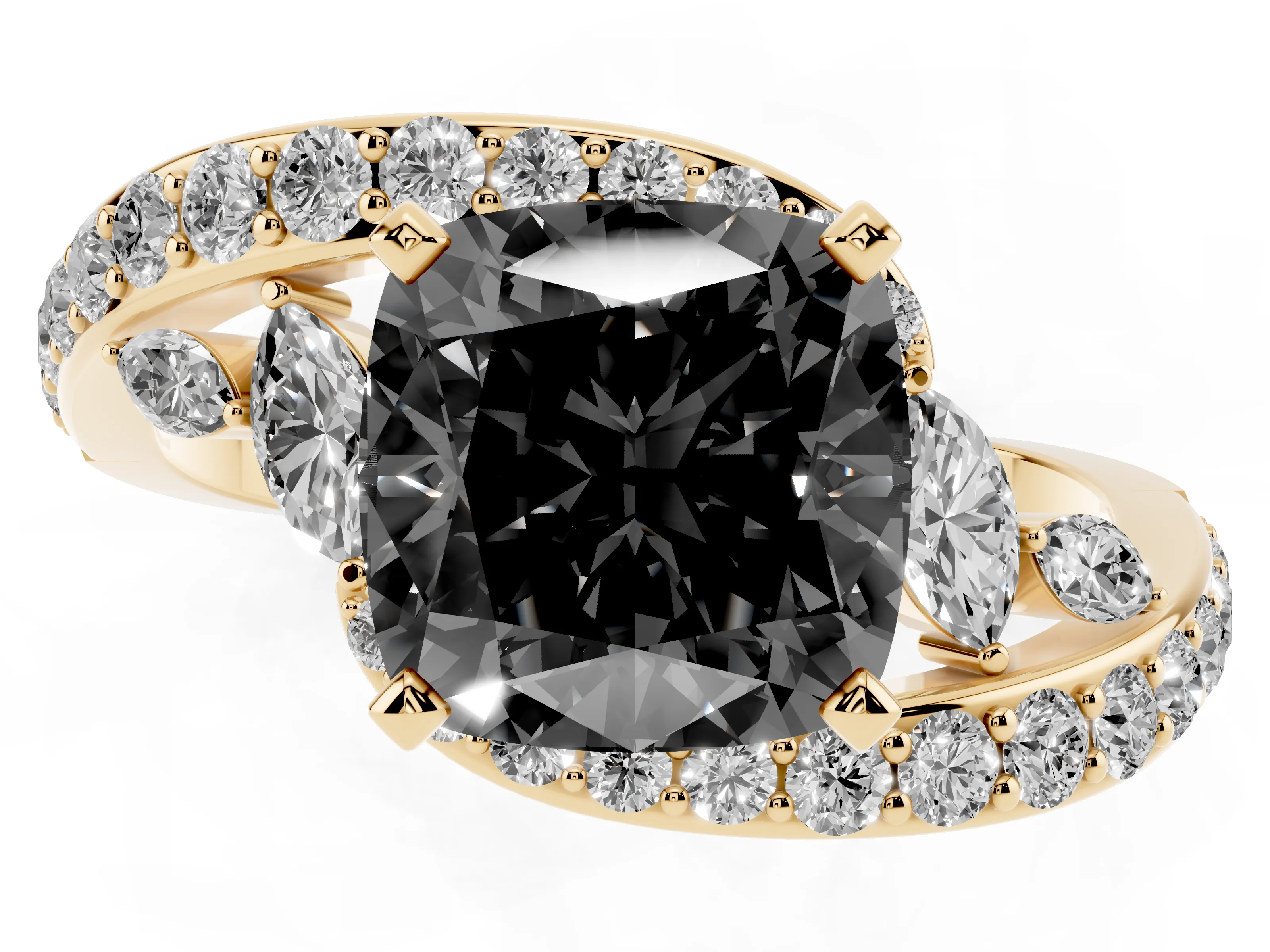 Fancy Black Cushion Cut Diamond Solitaire Ring Set in Yellow gold with Filigree Band and Prong Setting