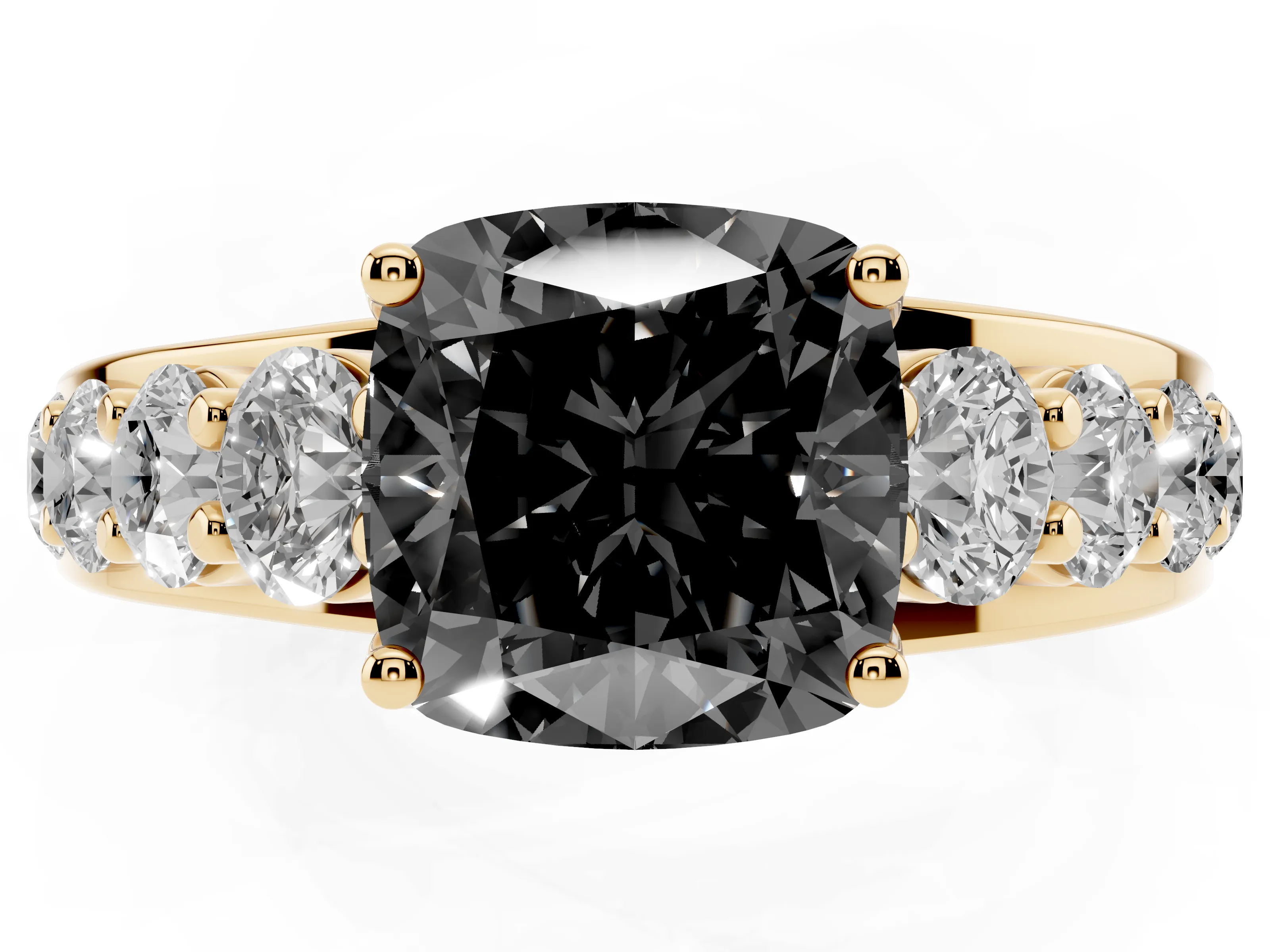 Fancy Black Cushion Cut Diamond Pavé Engagement Ring Set in Yellow gold with Prong Setting