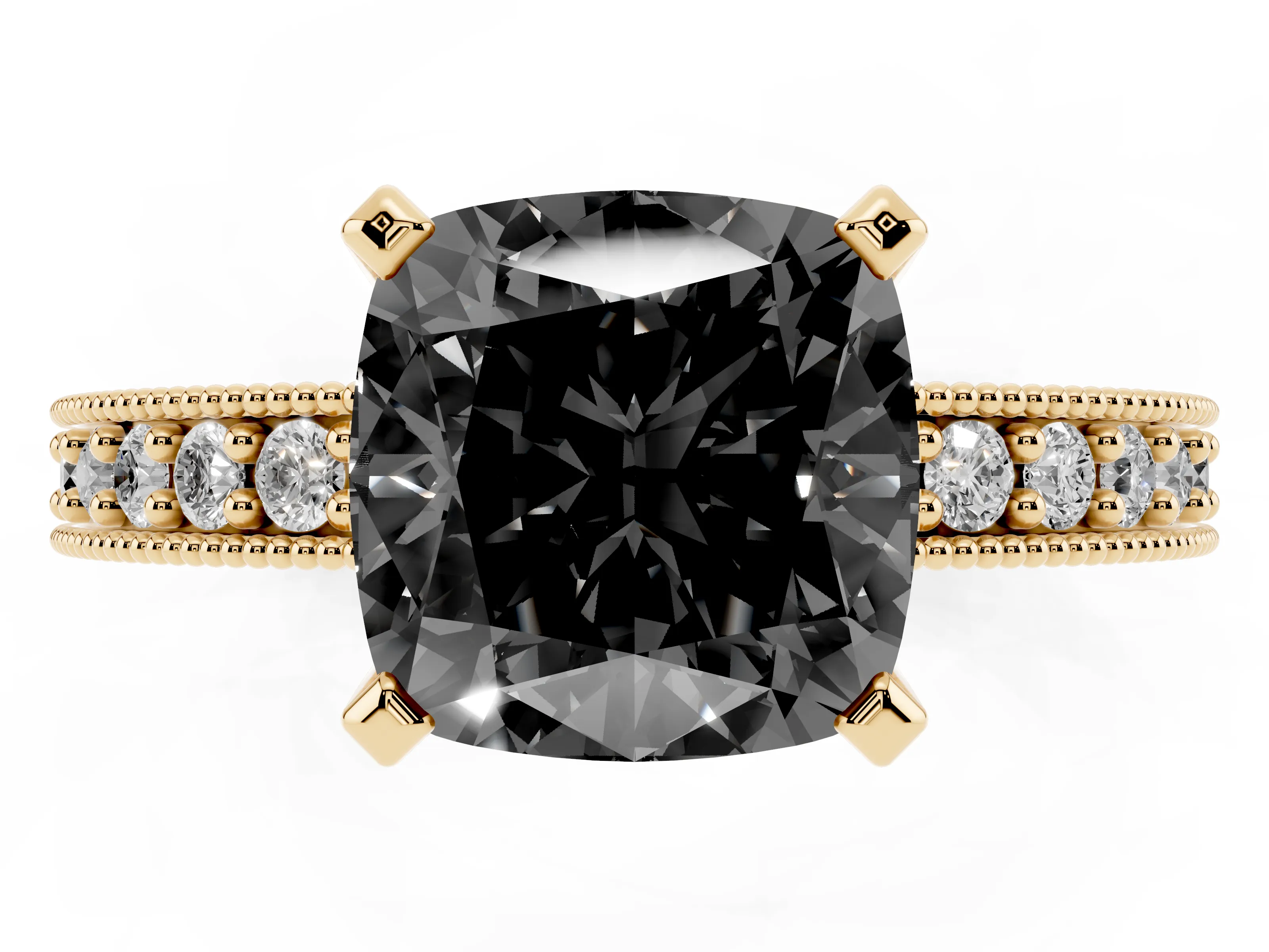 Fancy Black Cushion Cut Diamond Milgrain Pavé Engagement Ring Set in Yellow gold with Prong Setting