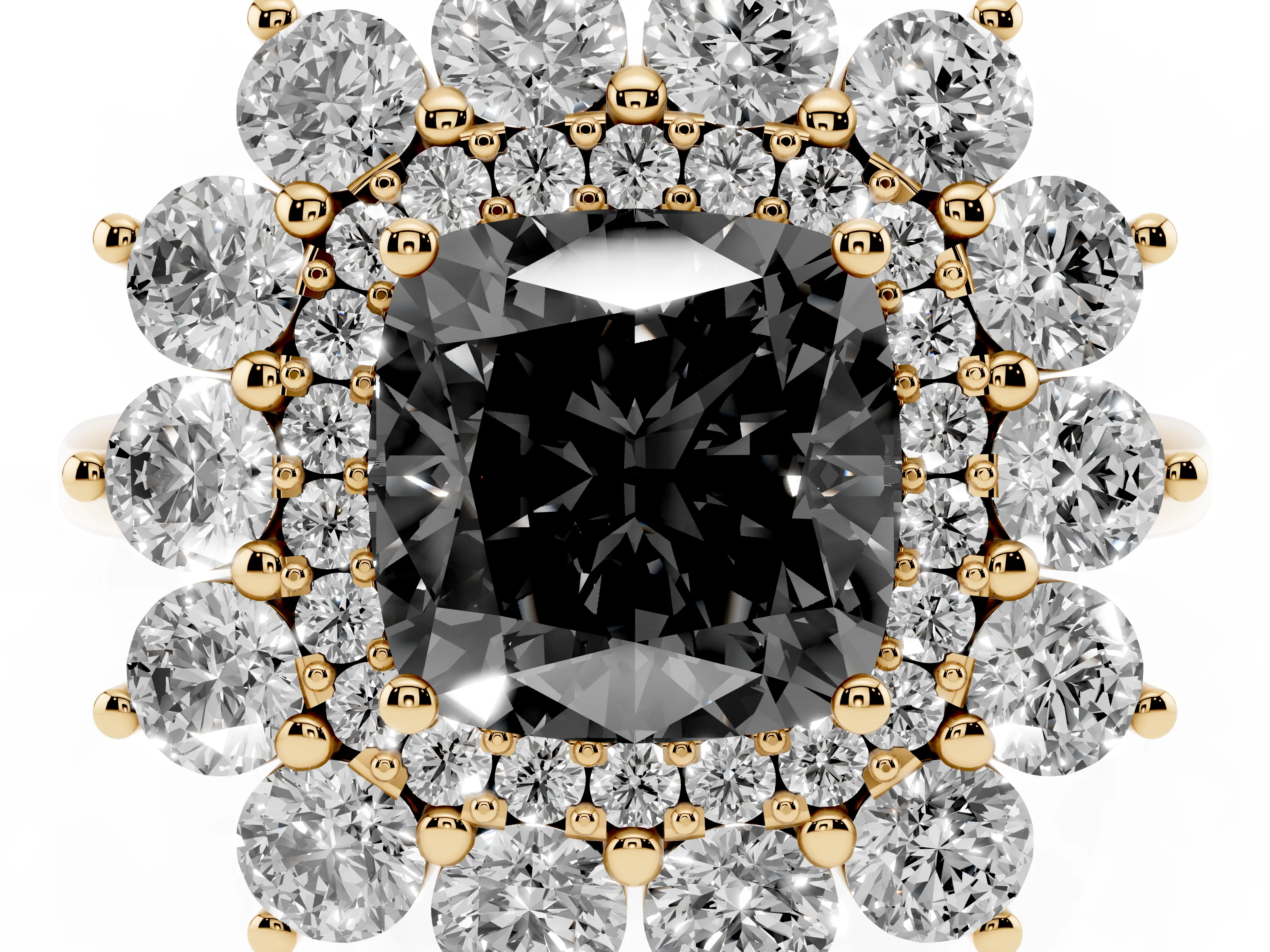 Fancy Black Cushion Cut Diamond Floral Double Halo Ring Set in Yellow gold with Round Petals