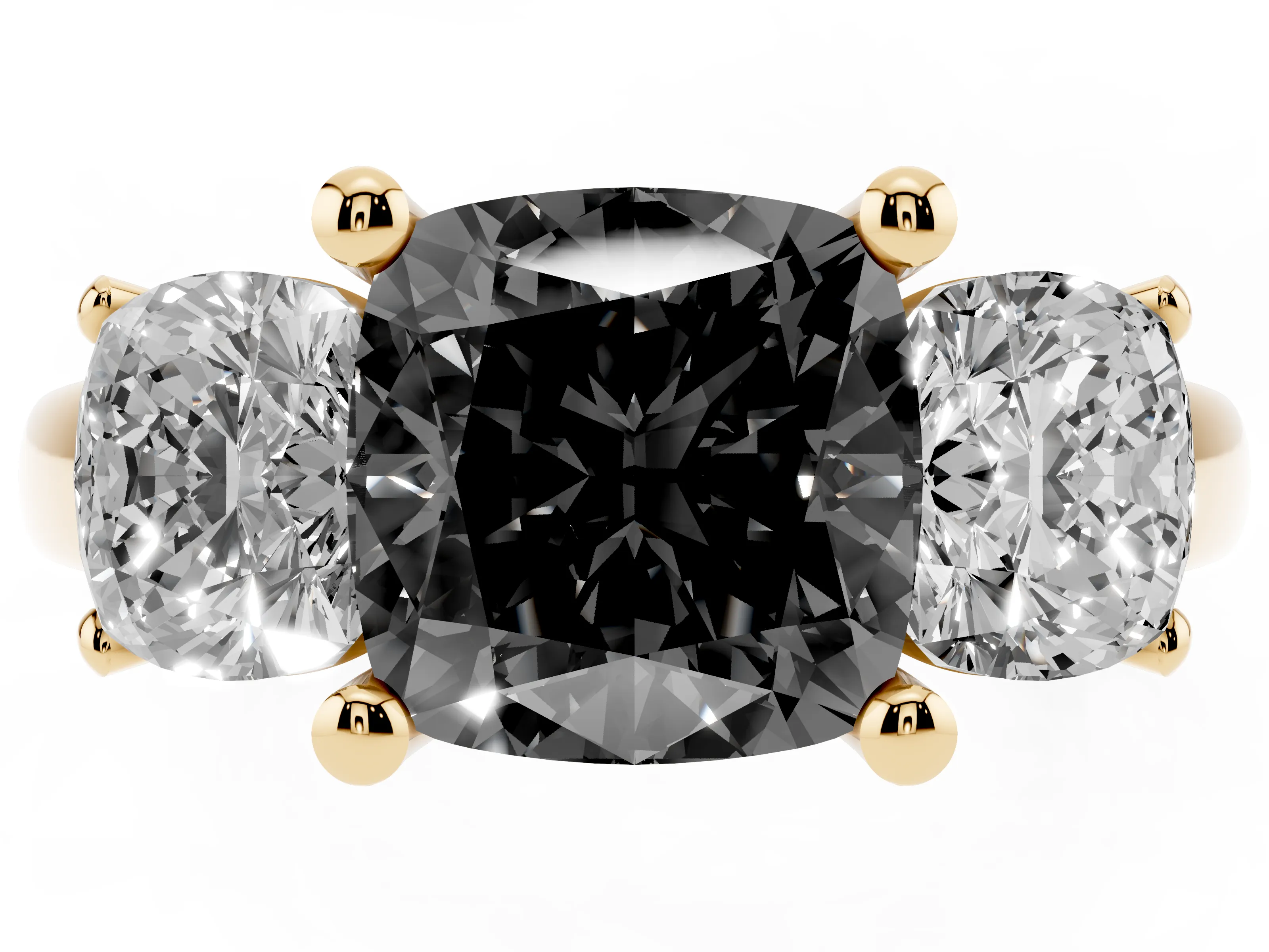 Fancy Black Cushion Cut Diamond Three-Stone Ring Set in Yellow gold with Classic Prong Setting and Plain Band
