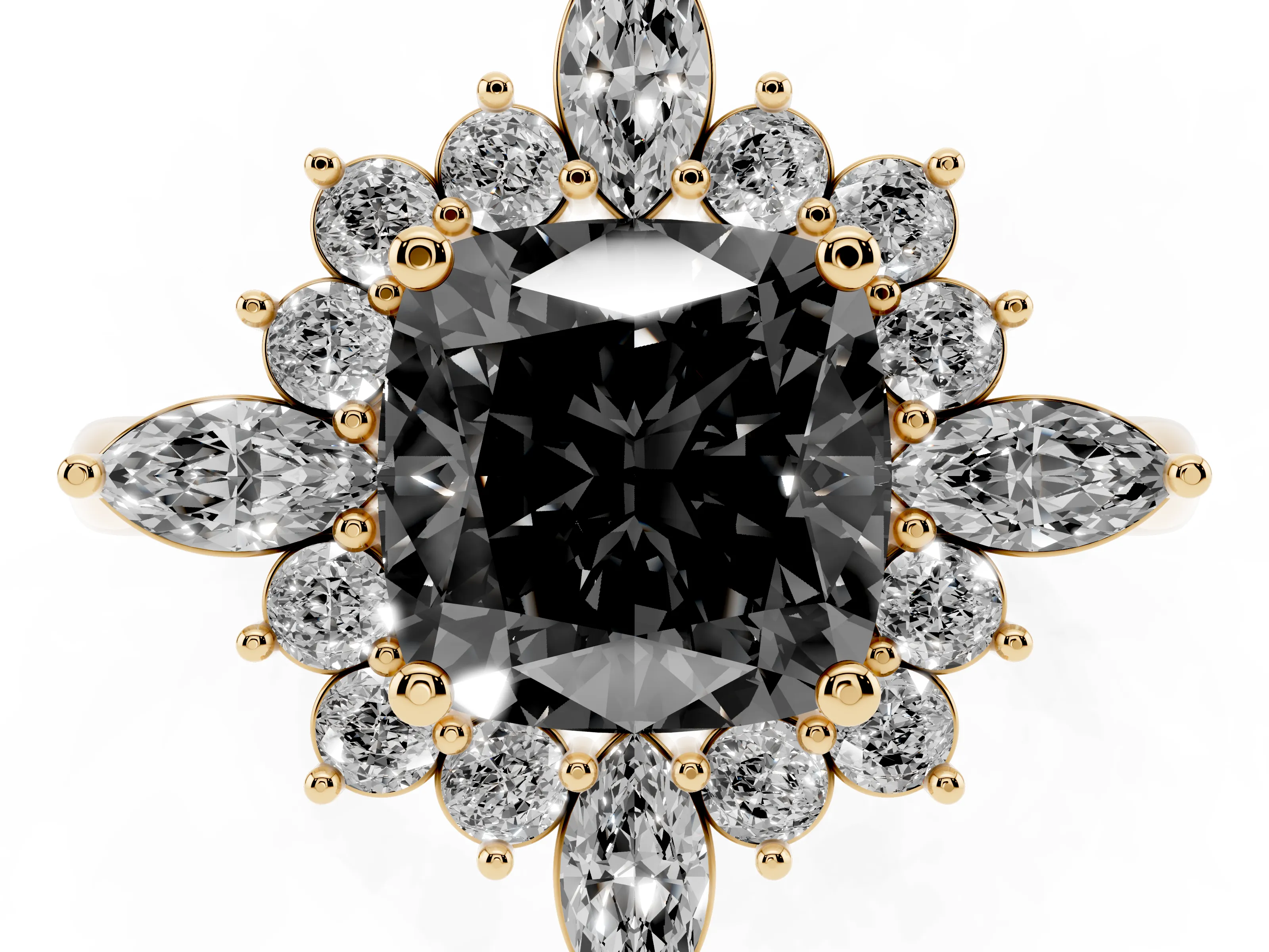 Fancy Black Cushion Cut Diamond Cluster Halo Ring Set in Yellow gold with Marquise and Round Accents