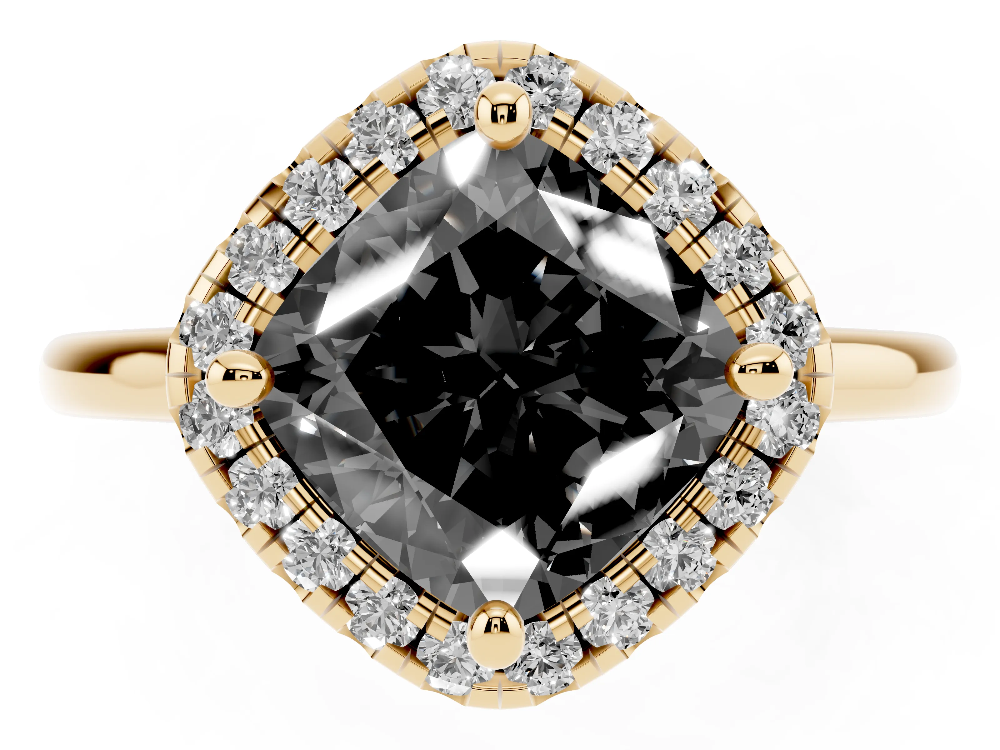 Fancy Black Cushion Cut Diamond Halo Engagement Ring Set in Yellow gold with Pavé Band and Rising Shoulders