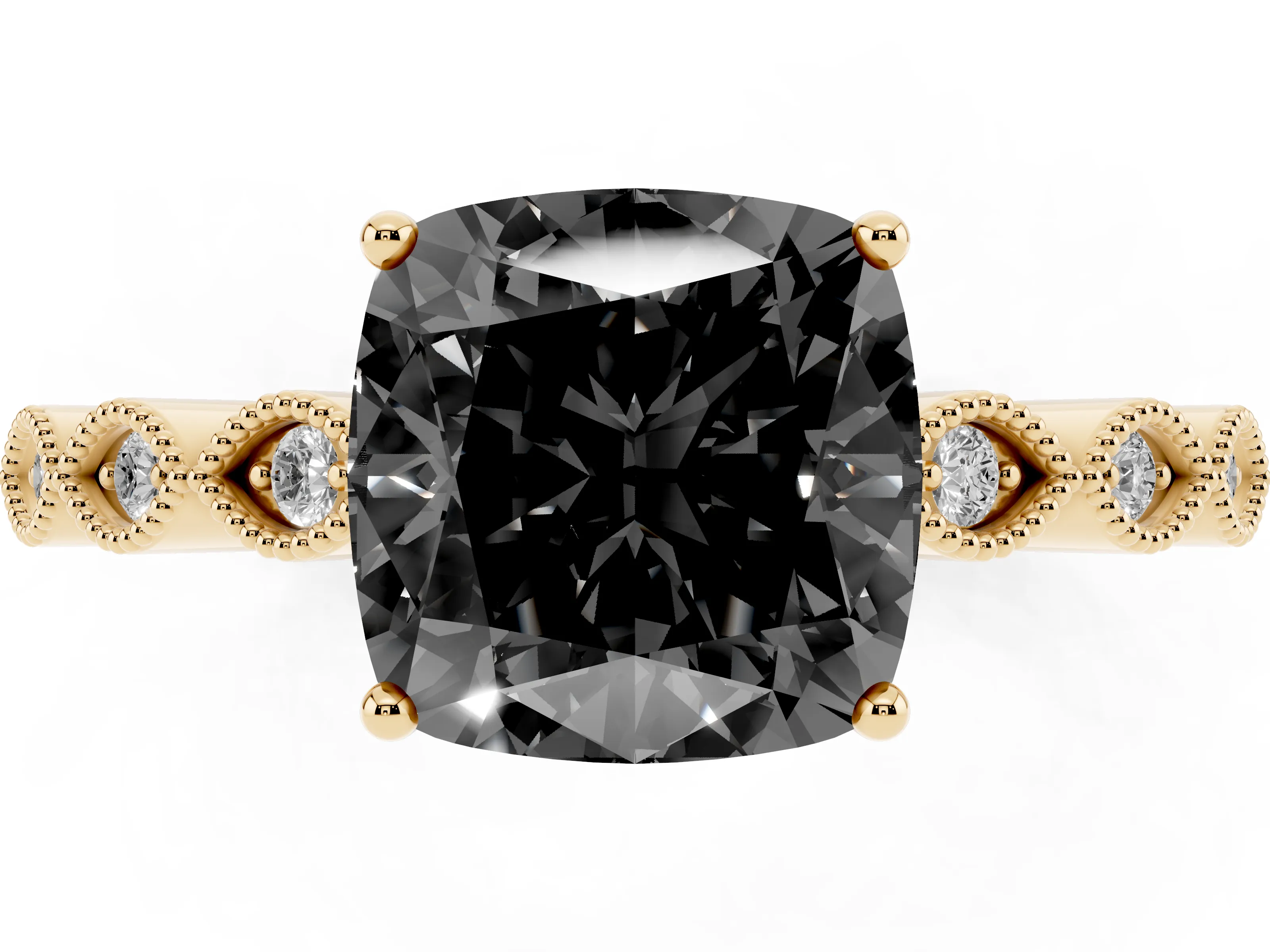 Fancy Black Cushion Cut Diamond Solitaire Ring Set in Yellow gold with Infinity Twist Pavé Band
