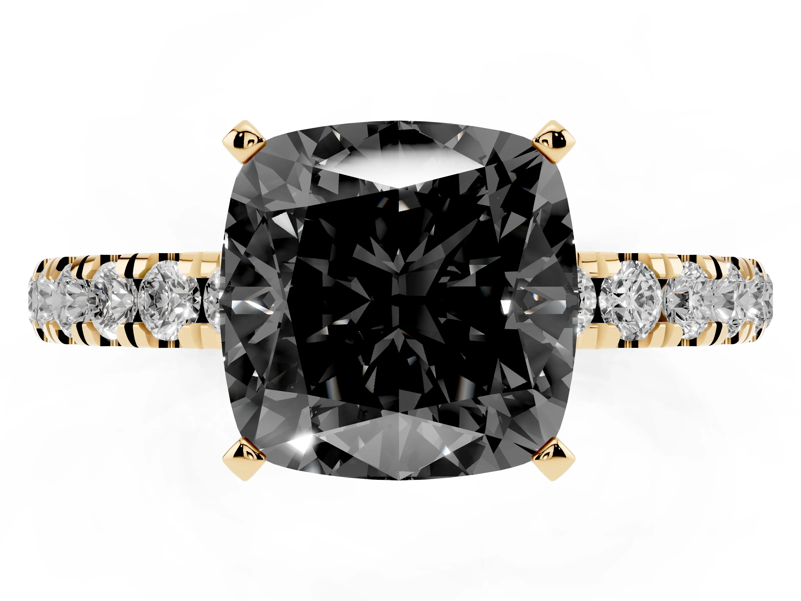 Fancy Black Cushion Cut Diamond Solitaire Ring Set in Yellow gold with Pavé Accents and Prong Setting