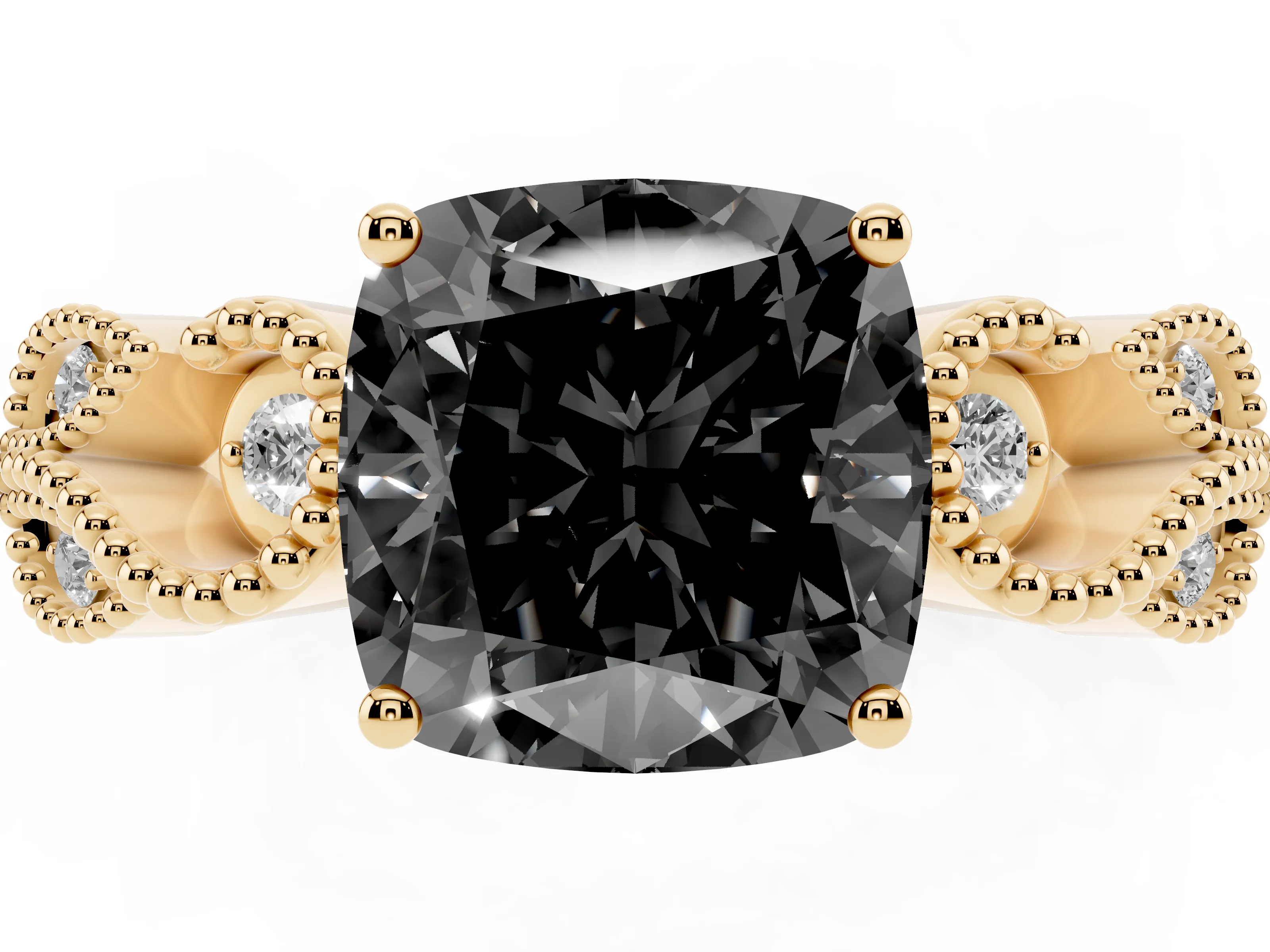 Fancy Black Cushion Cut Diamond Milgrain Leaf Band Solitaire Ring Set in Yellow gold with Accent Stones and Prong Setting