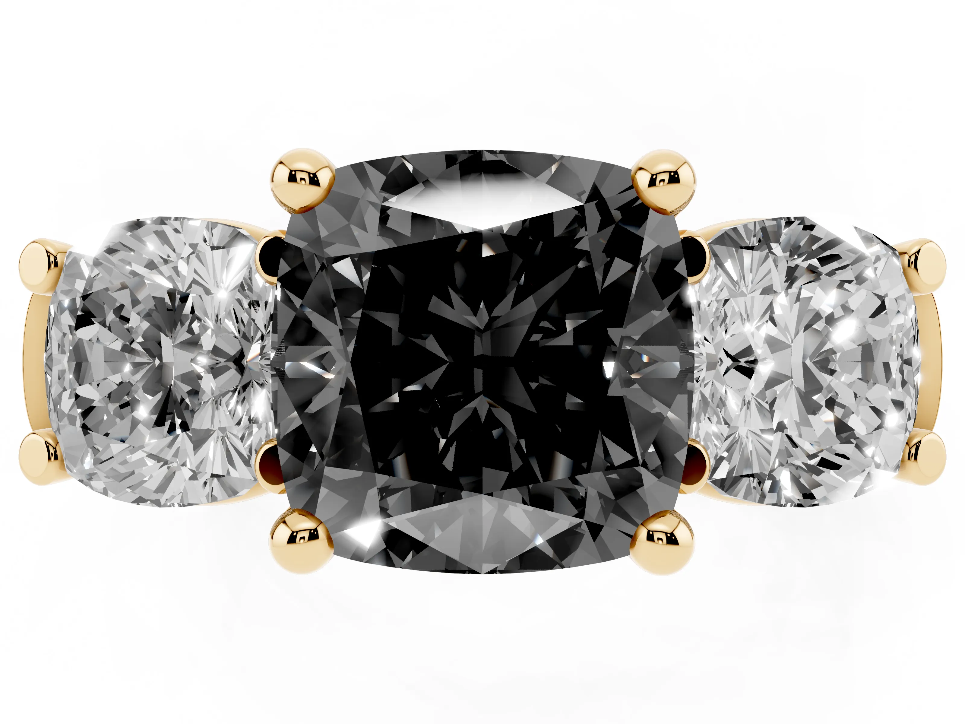 Fancy Black Cushion Cut Diamond Three-Stone Trellis Ring Set in Yellow gold with Comfort Fit Band