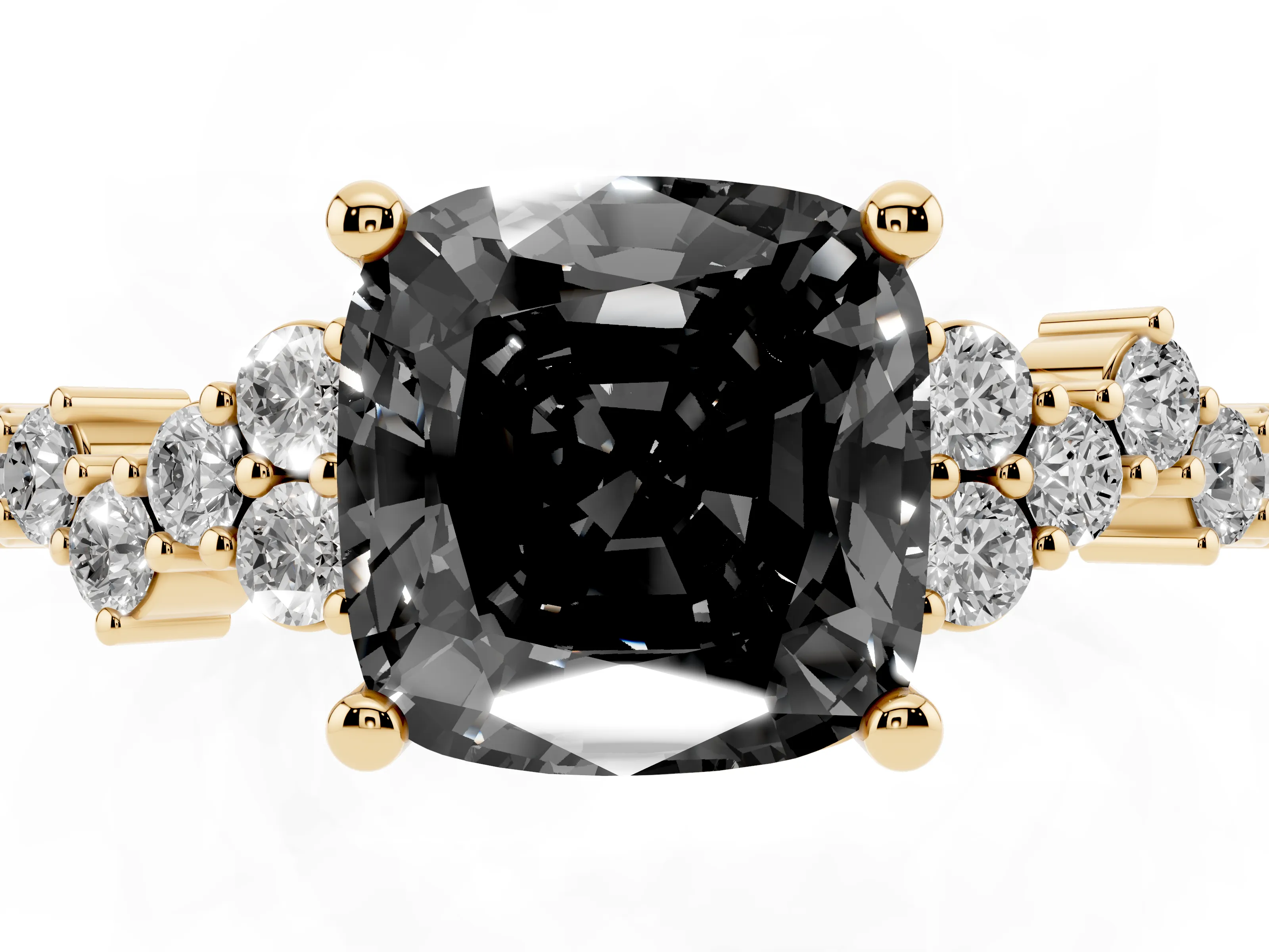 Fancy Black Cushion Cut Diamond Ring Set in Yellow gold with Scattered Round Accents