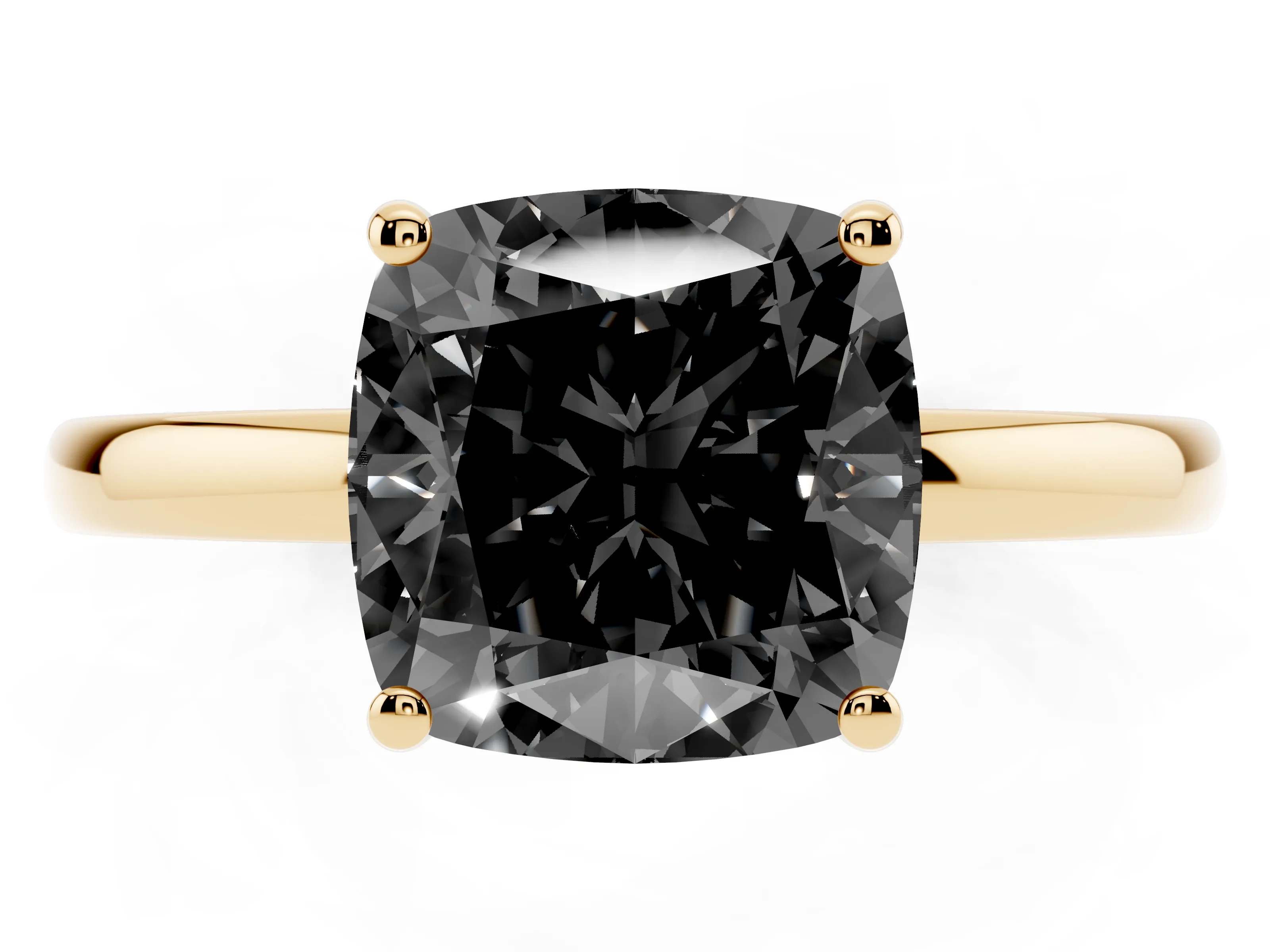 Fancy Black Cushion Cut Diamond Solitaire Ring Set in Yellow gold with Plain Band and Prong Setting