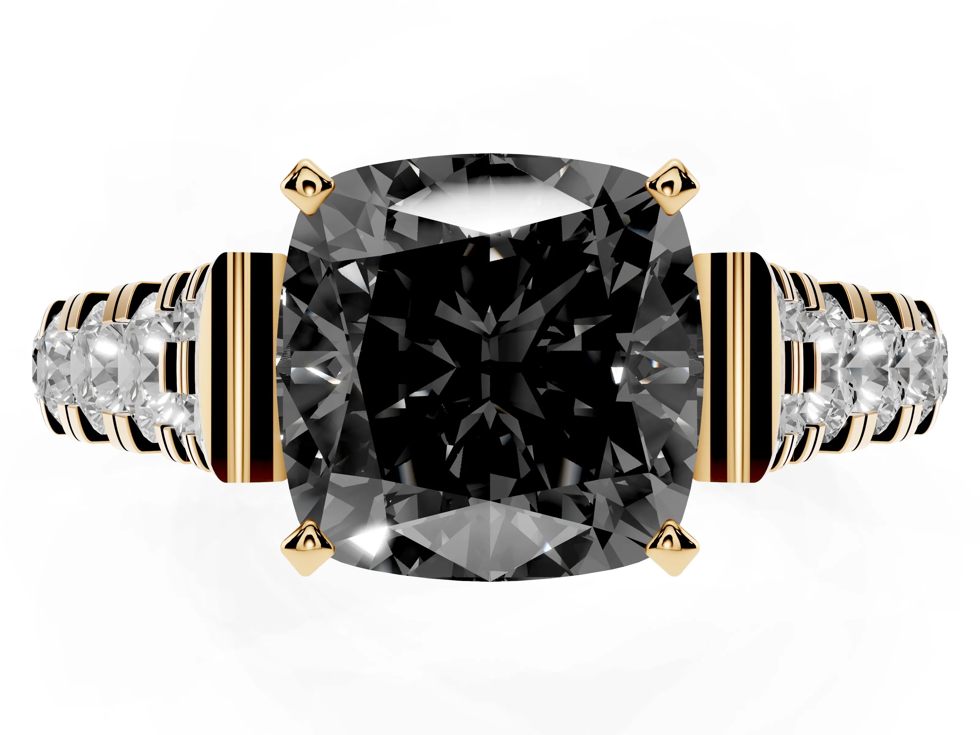 Fancy Black Cushion Cut Diamond Classic Solitaire Ring Set in Yellow gold with Pavé Band and Prong Setting