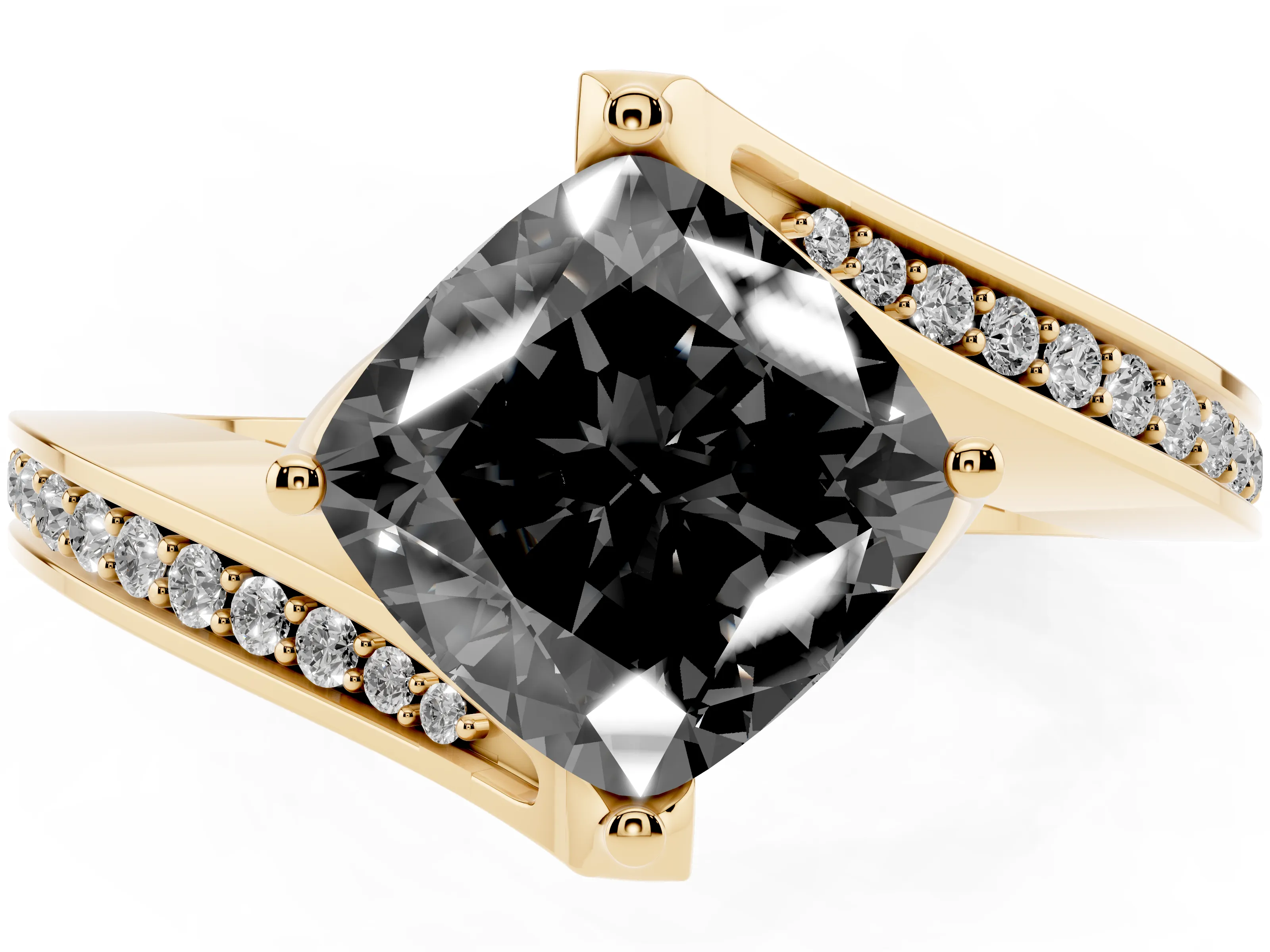 Fancy Black Cushion Cut Diamond Solitaire Ring Set in Yellow gold with Intertwined Pavé Twist Band