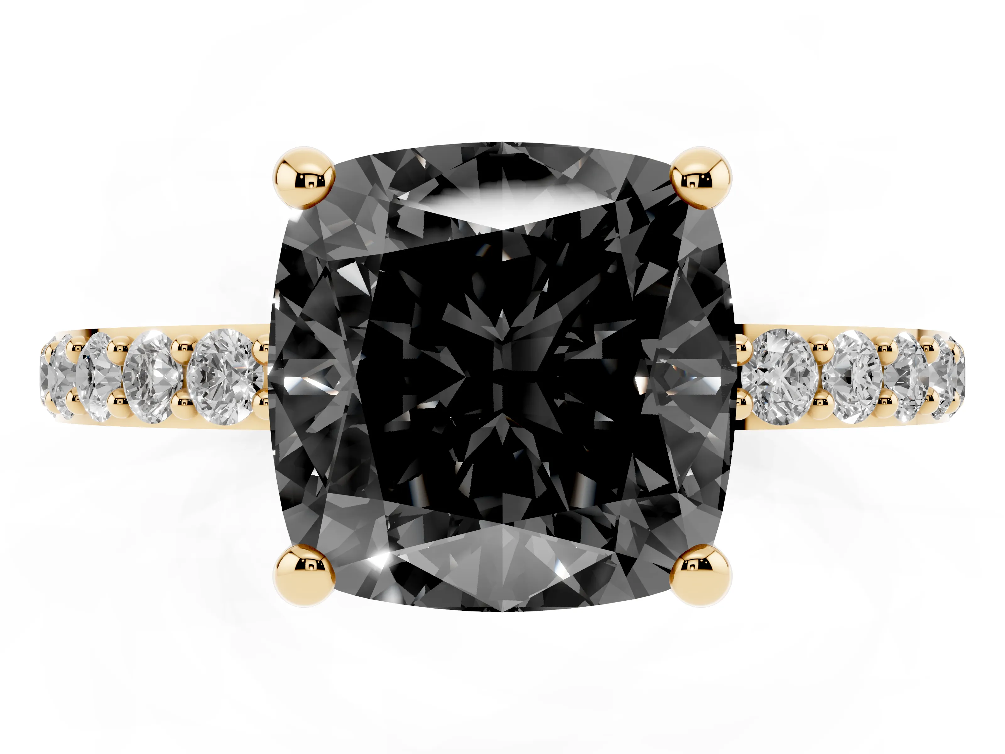 Fancy Black Cushion Cut Diamond Solitaire Ring Set in Yellow gold with Round Pavé Band and Prong Setting