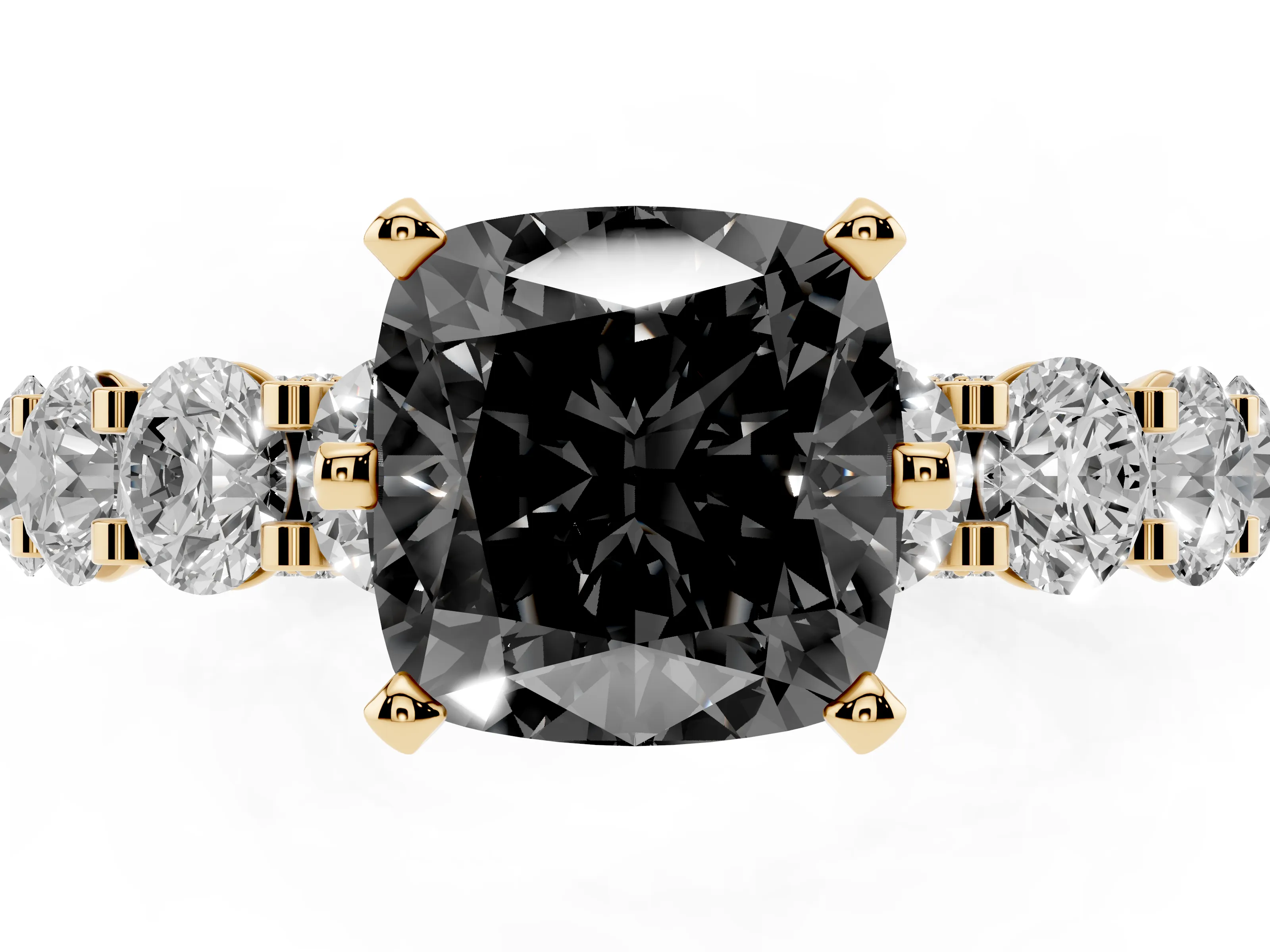 Fancy Black Cushion Cut Diamond Side Stone Ring Set in Yellow gold with Alternating Round and Oval Side Stones