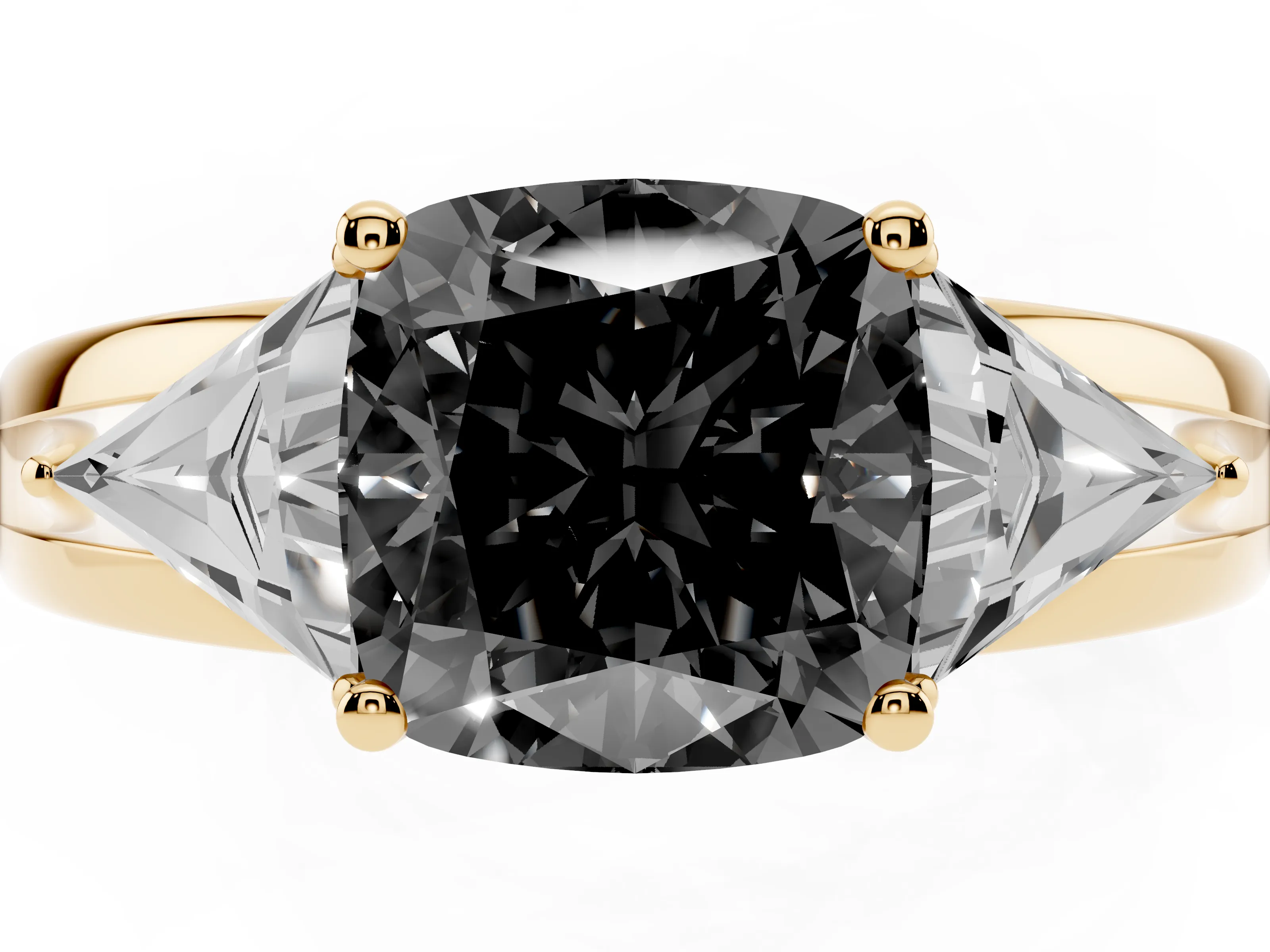 Fancy Black Cushion Cut Diamond Three-Stone Ring Set in Yellow gold with Trillion Side Stones and Split Shank