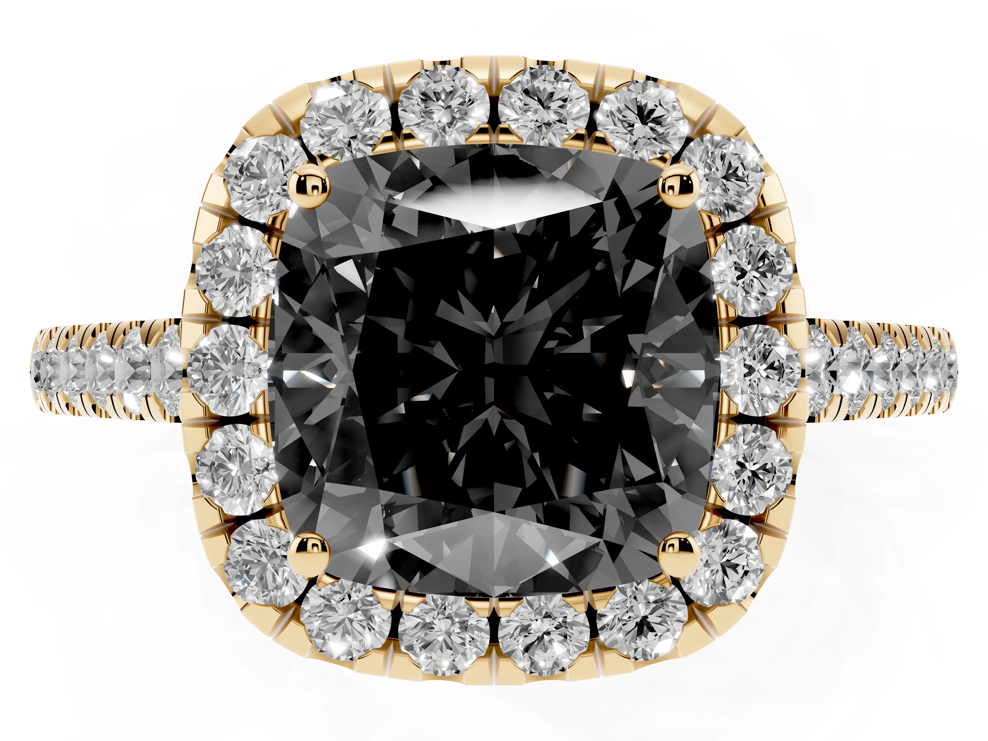 Fancy Black Cushion Cut Diamond Halo Pavé Engagement Ring Set in Yellow gold with Prong Setting