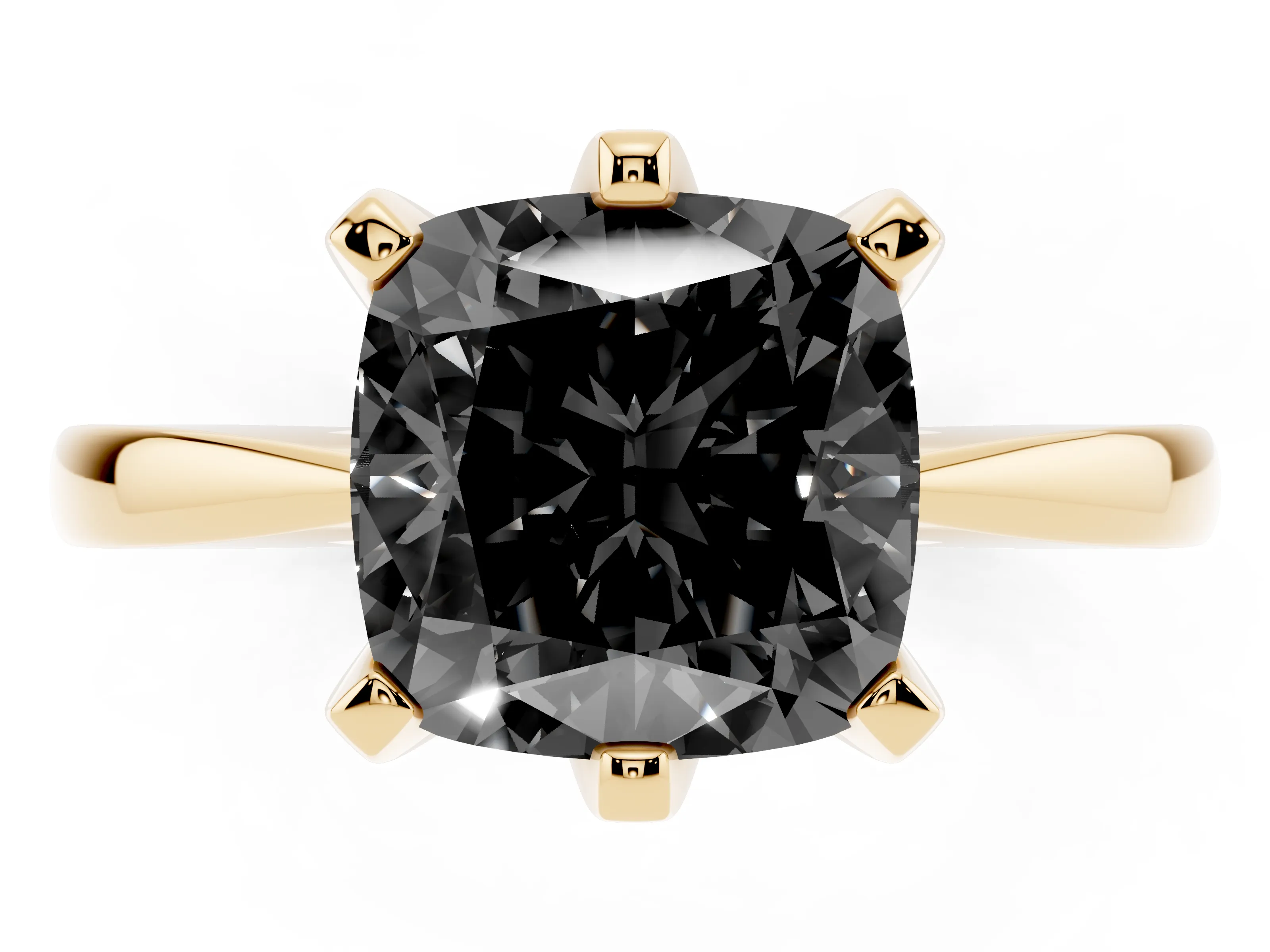 Fancy Black Cushion Cut Diamond Solitaire Engagement Ring Set in Yellow gold with Slim Tapered Solitaire Band