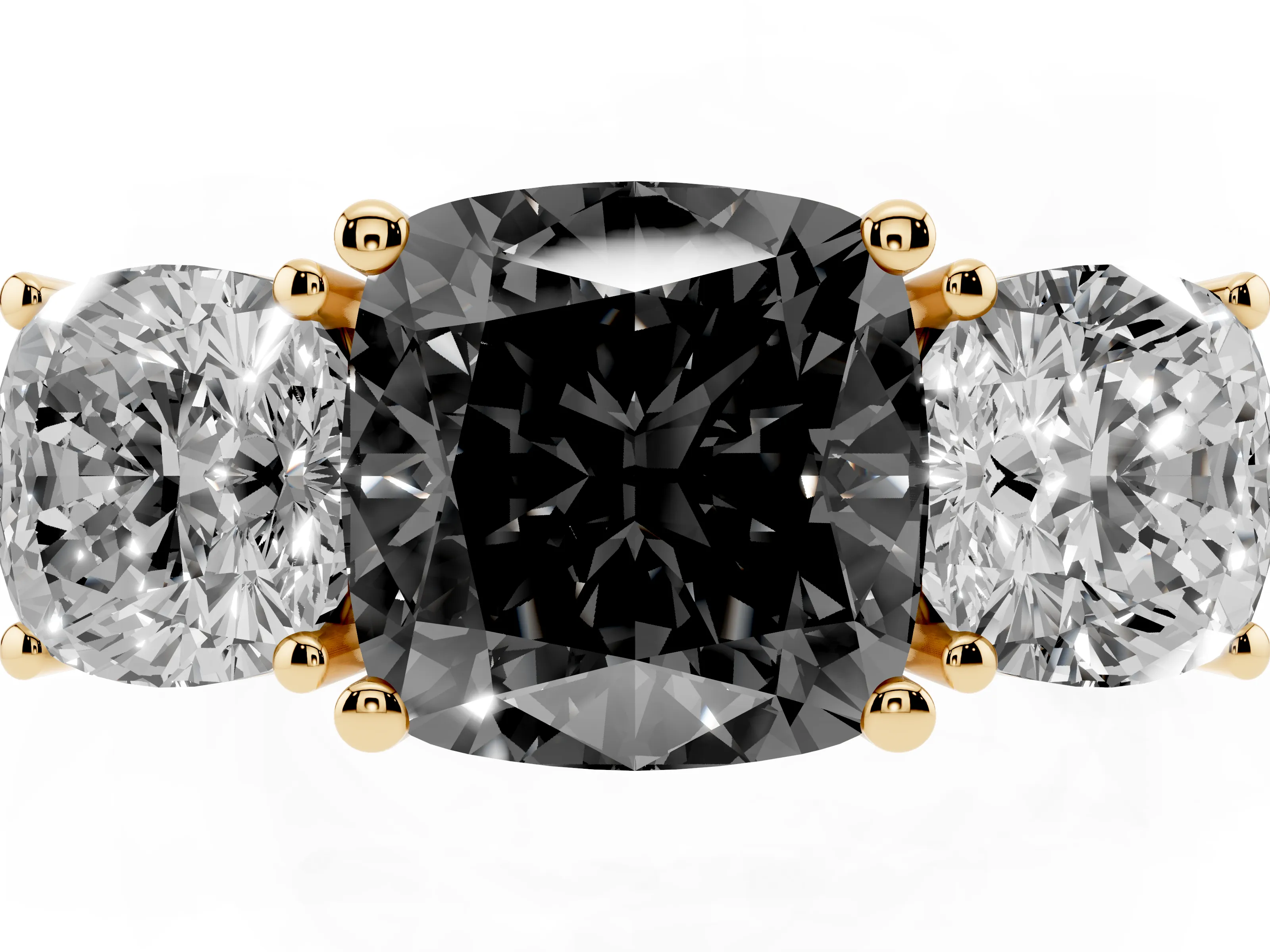 Fancy Black Cushion Cut Diamond Three-Stone Engagement Ring Set in Yellow gold with Flat Band