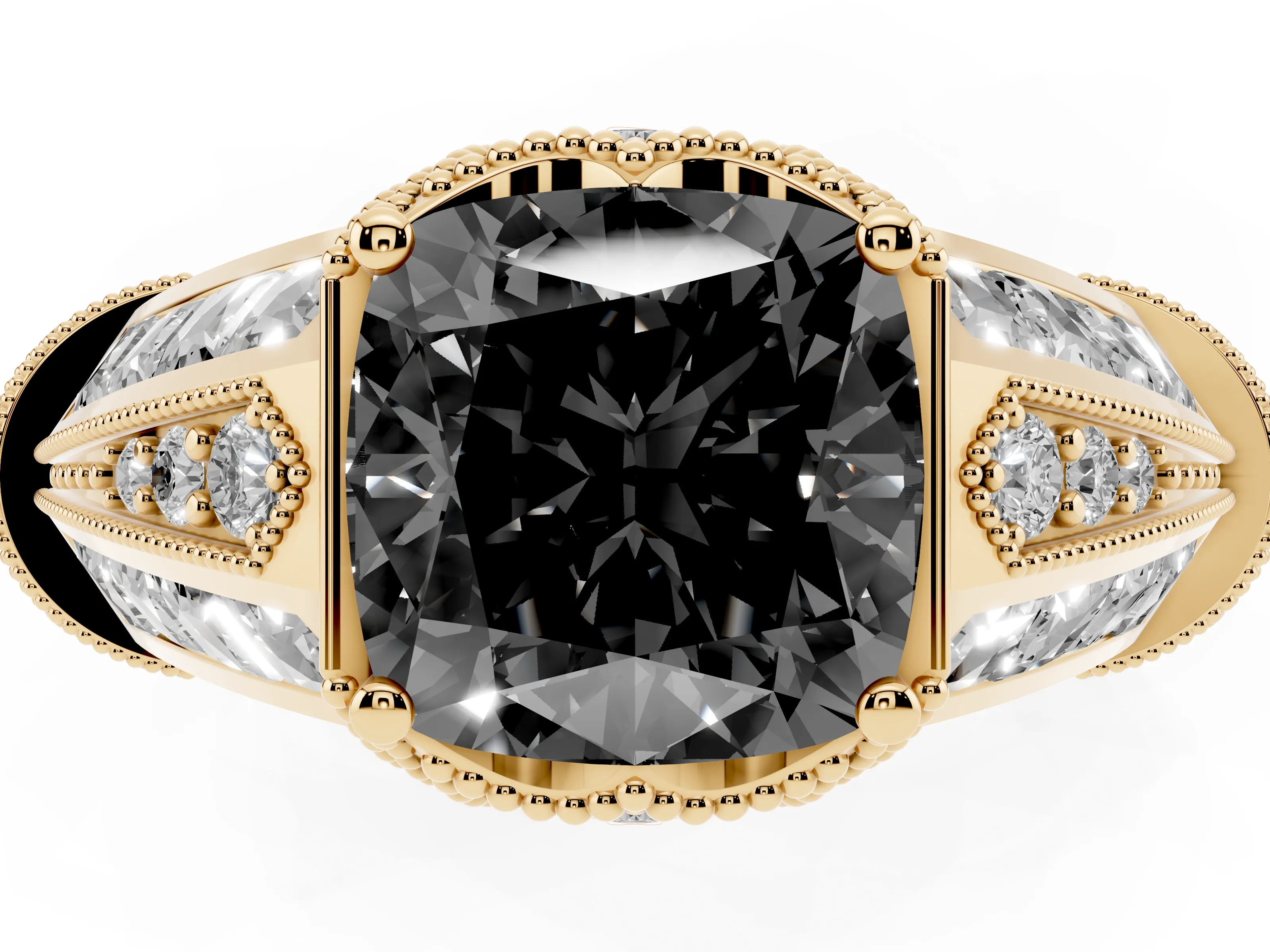 Fancy Black Cushion Cut Diamond Vintage-Inspired Milgrain Ring Set in Yellow gold with Accent Split Shank