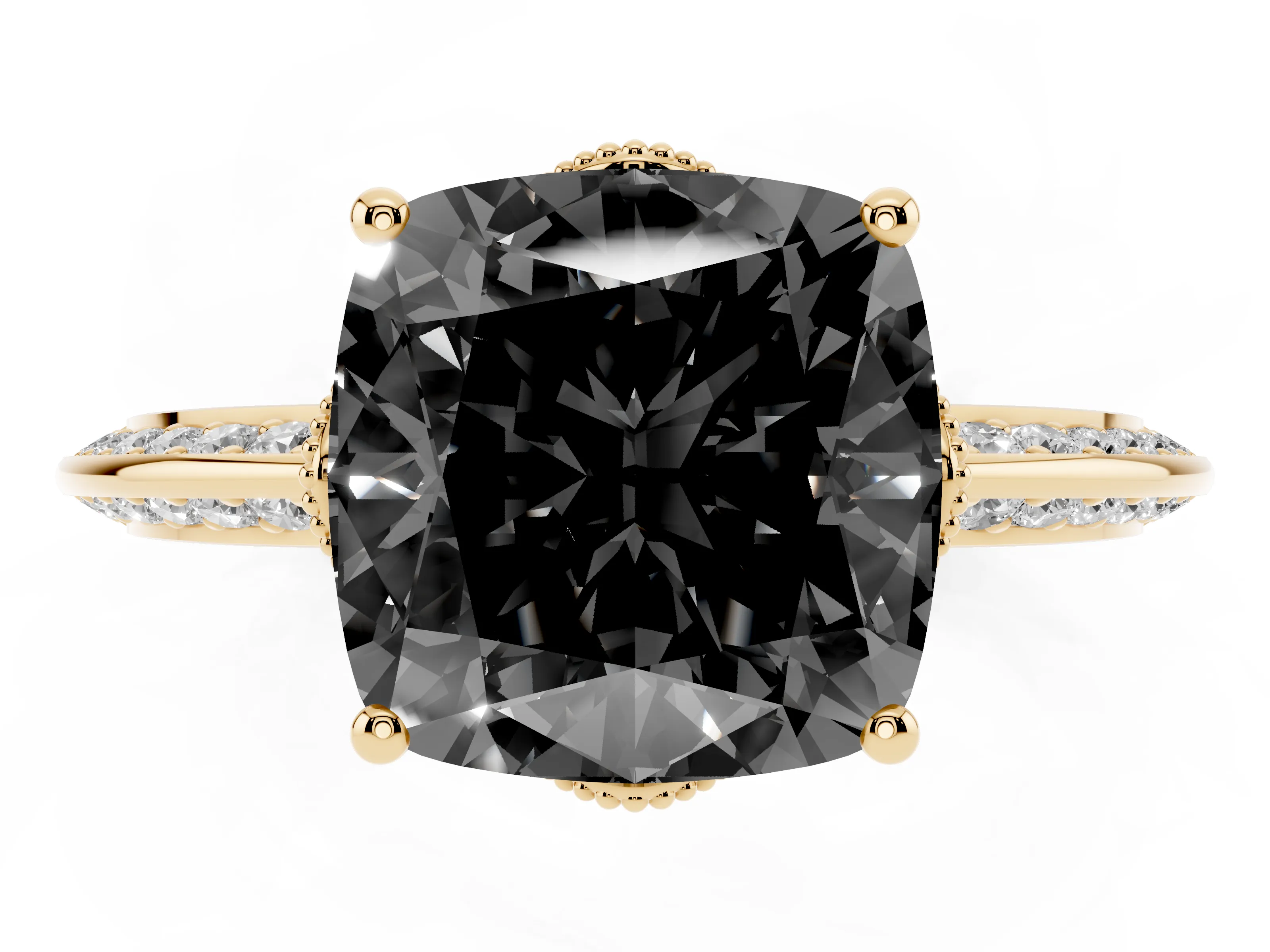 Fancy Black Cushion Cut Diamond Solitaire Engagement Ring Set in Yellow gold with Pavé Split Shank and Prong Setting
