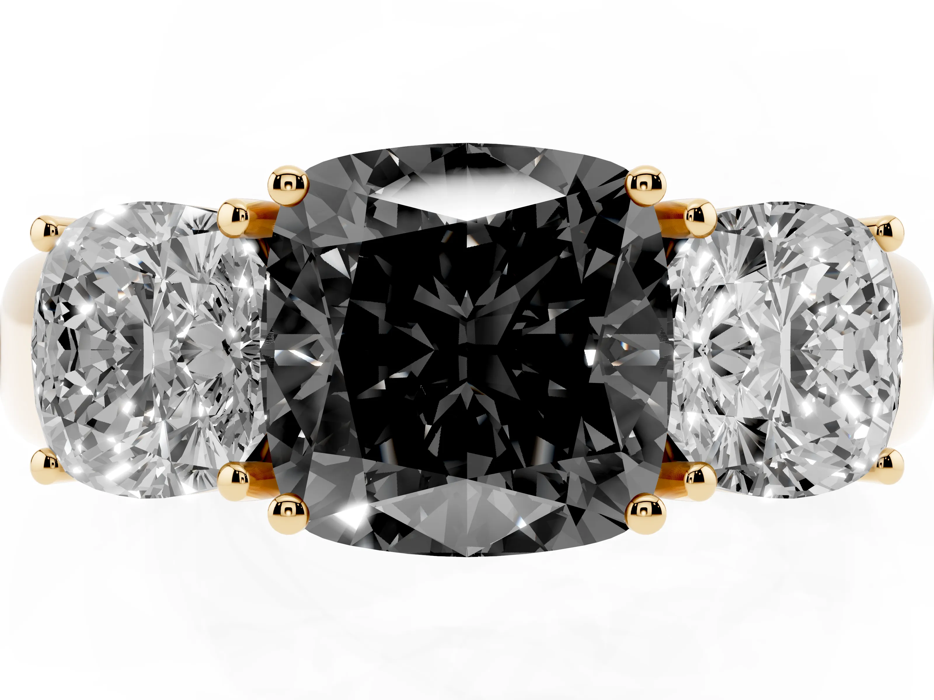 Fancy Black Three-Stone Cushion Cut Diamond Ring Set in Yellow gold with Matching Prong Settings and Plain Band