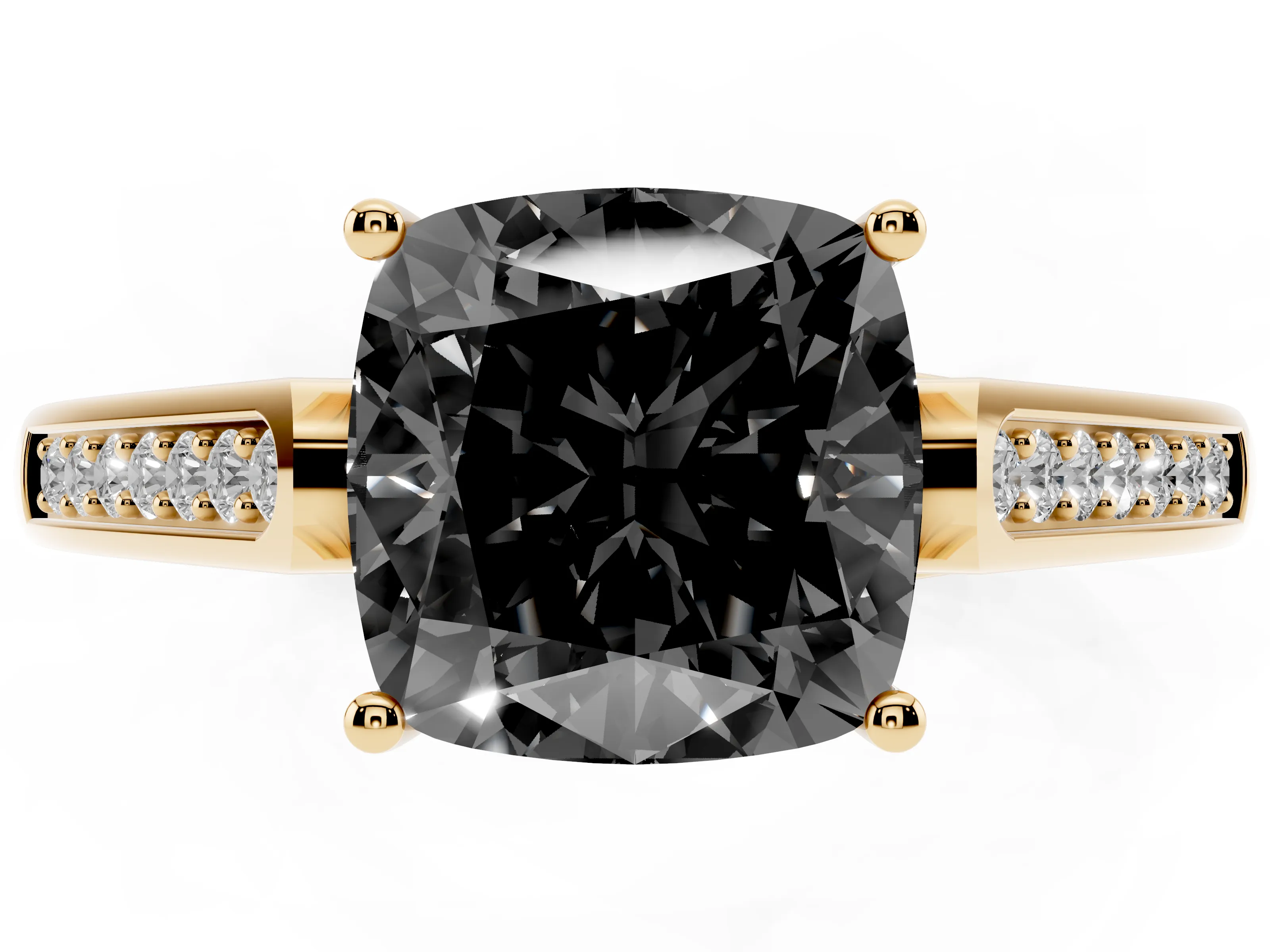 Fancy Black Cushion Cut Diamond Solitaire Cathedral Engagement Ring Set in Yellow gold with Channel-Set Band and Prong Setting
