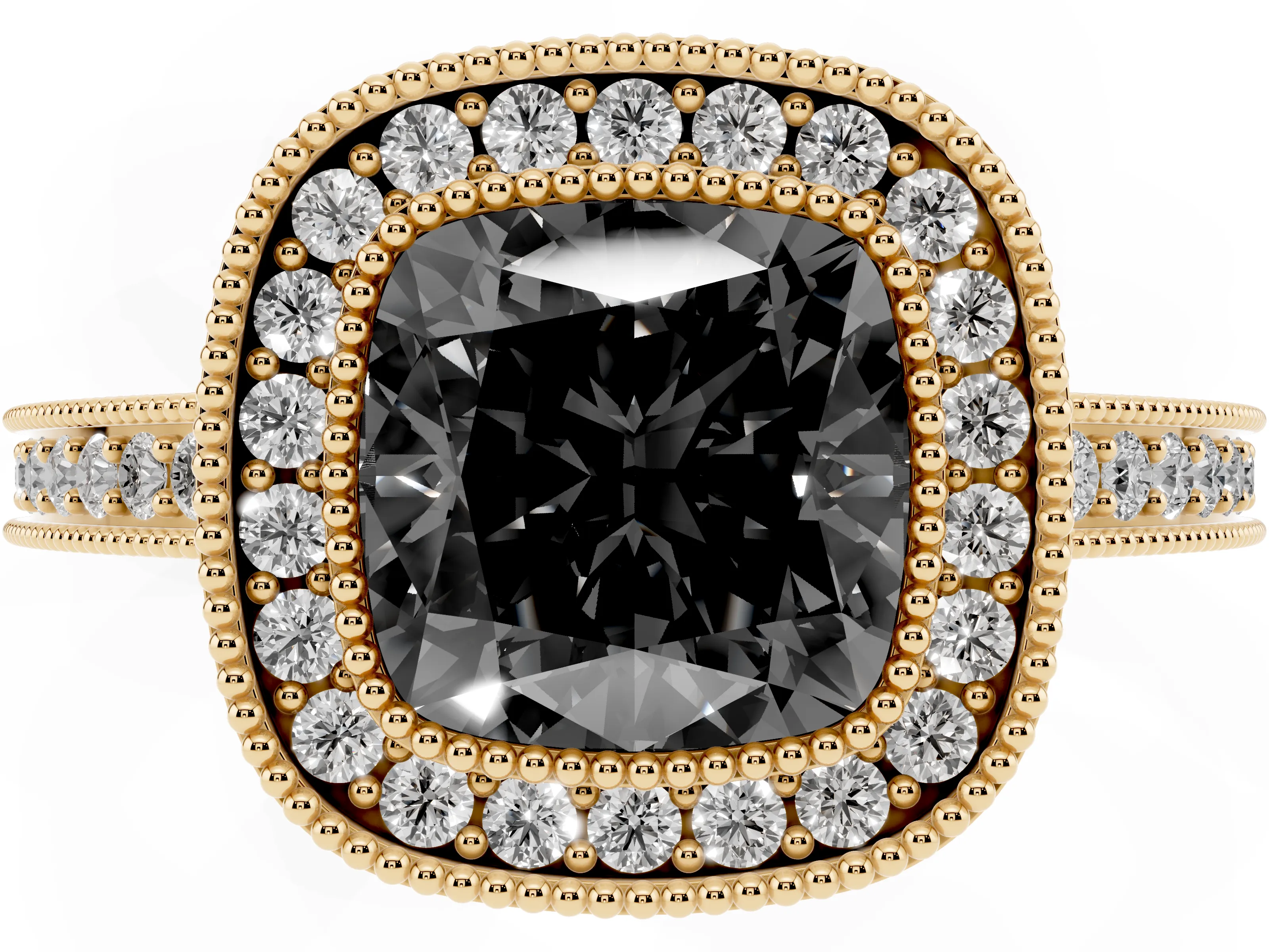 Fancy Black Cushion Cut Diamond Round Halo Ring Set in Yellow gold with Pavé Band