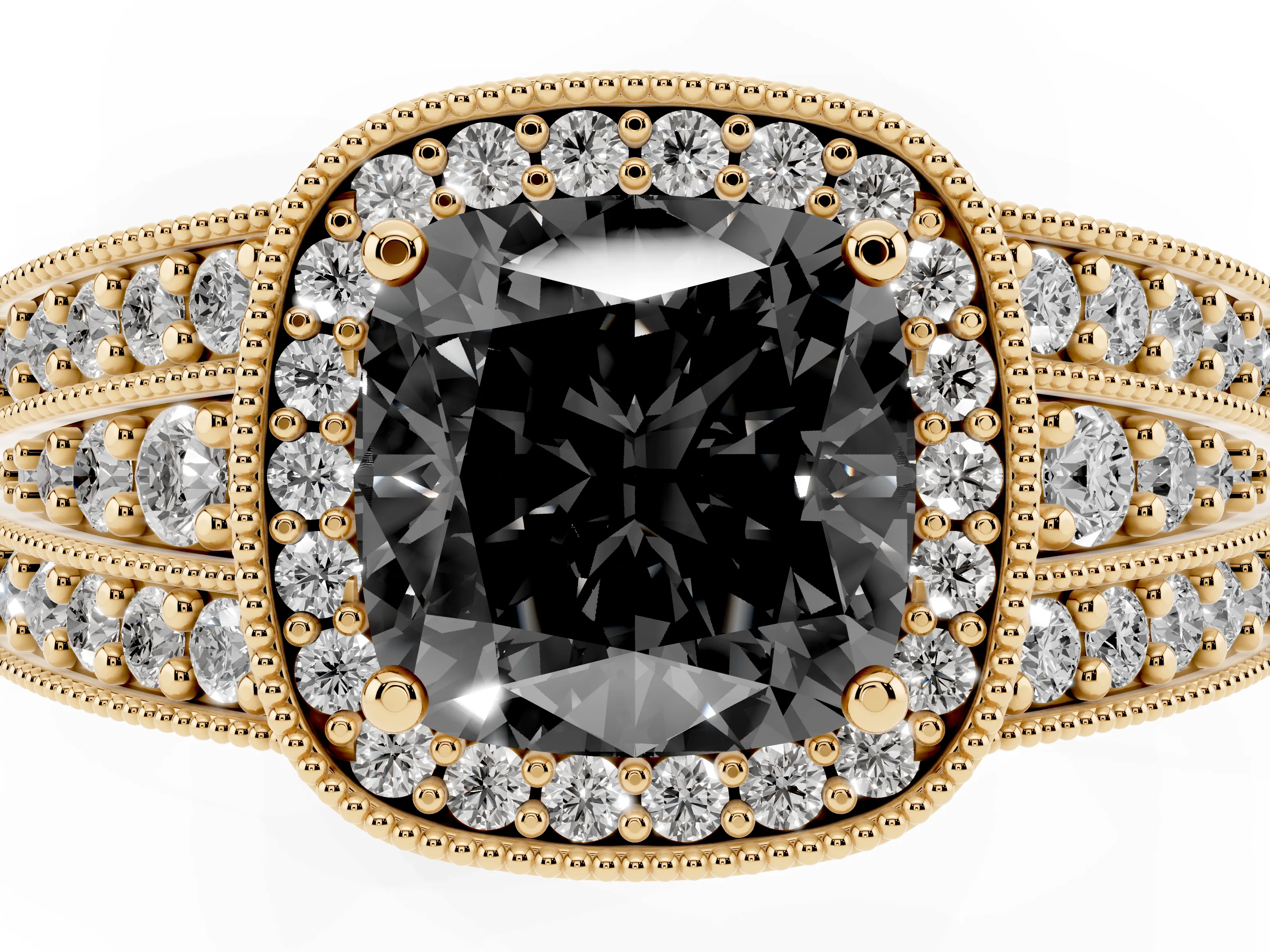 Fancy Black Cushion Cut Diamond Halo Ring Set in Yellow gold with Accent Split Shank and Prong Setting