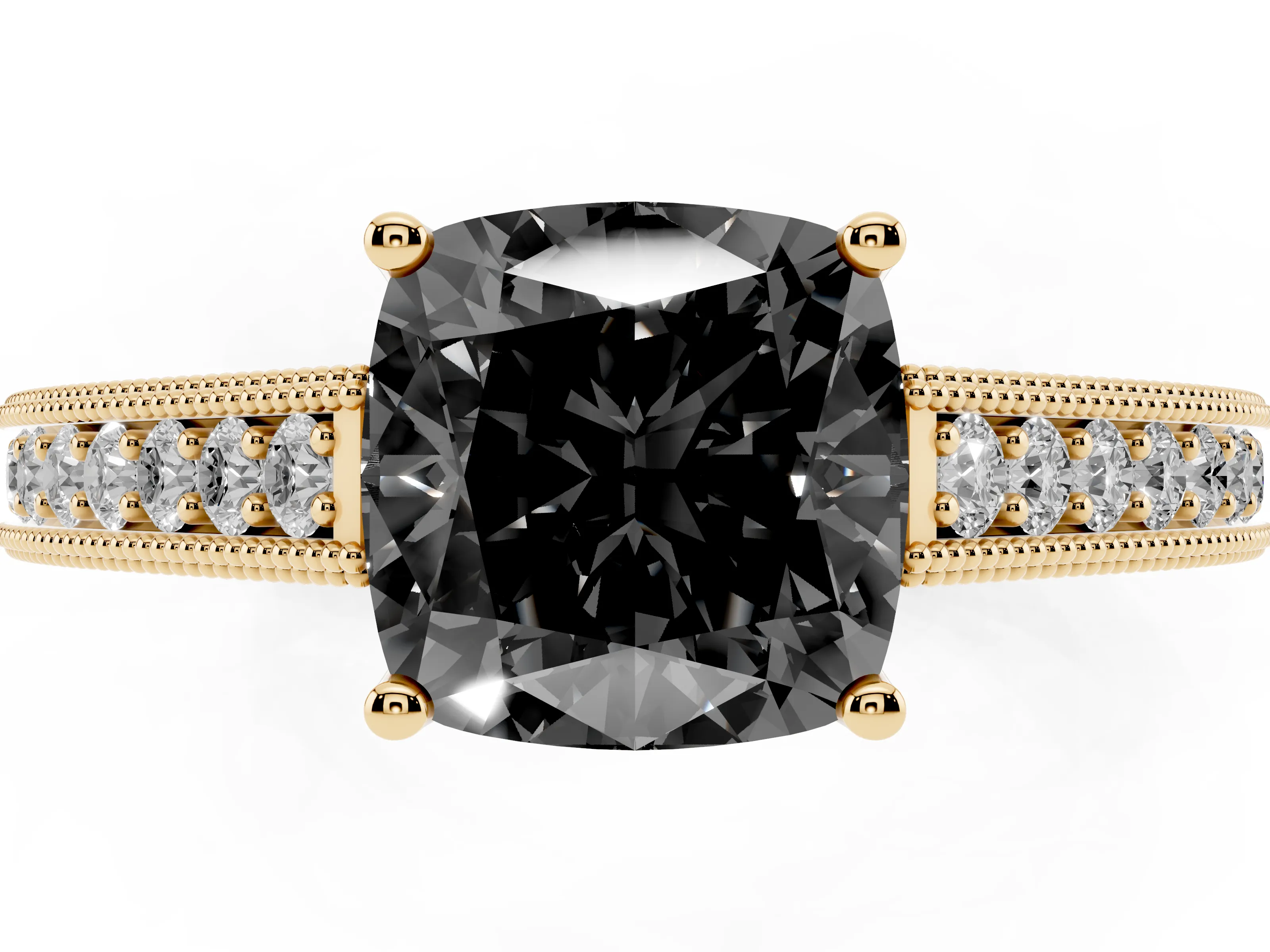 Fancy Black Cushion Cut Diamond Milgrain Pavé Band Solitaire Ring Set in Yellow gold with Prong Setting