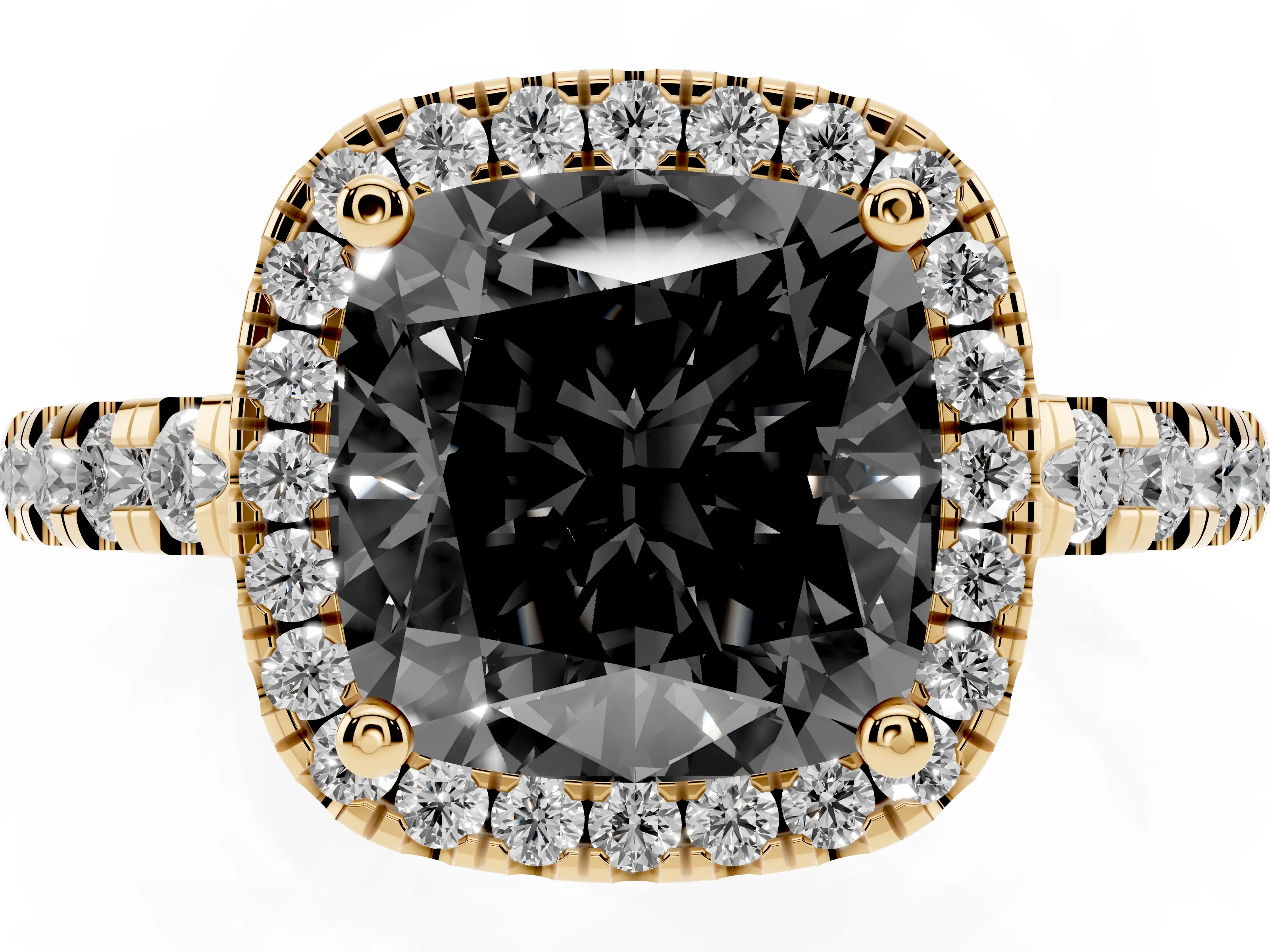 Fancy Black Cushion Cut Diamond Halo Ring Set in Yellow gold with Delicate Pavé Band and Prong Setting