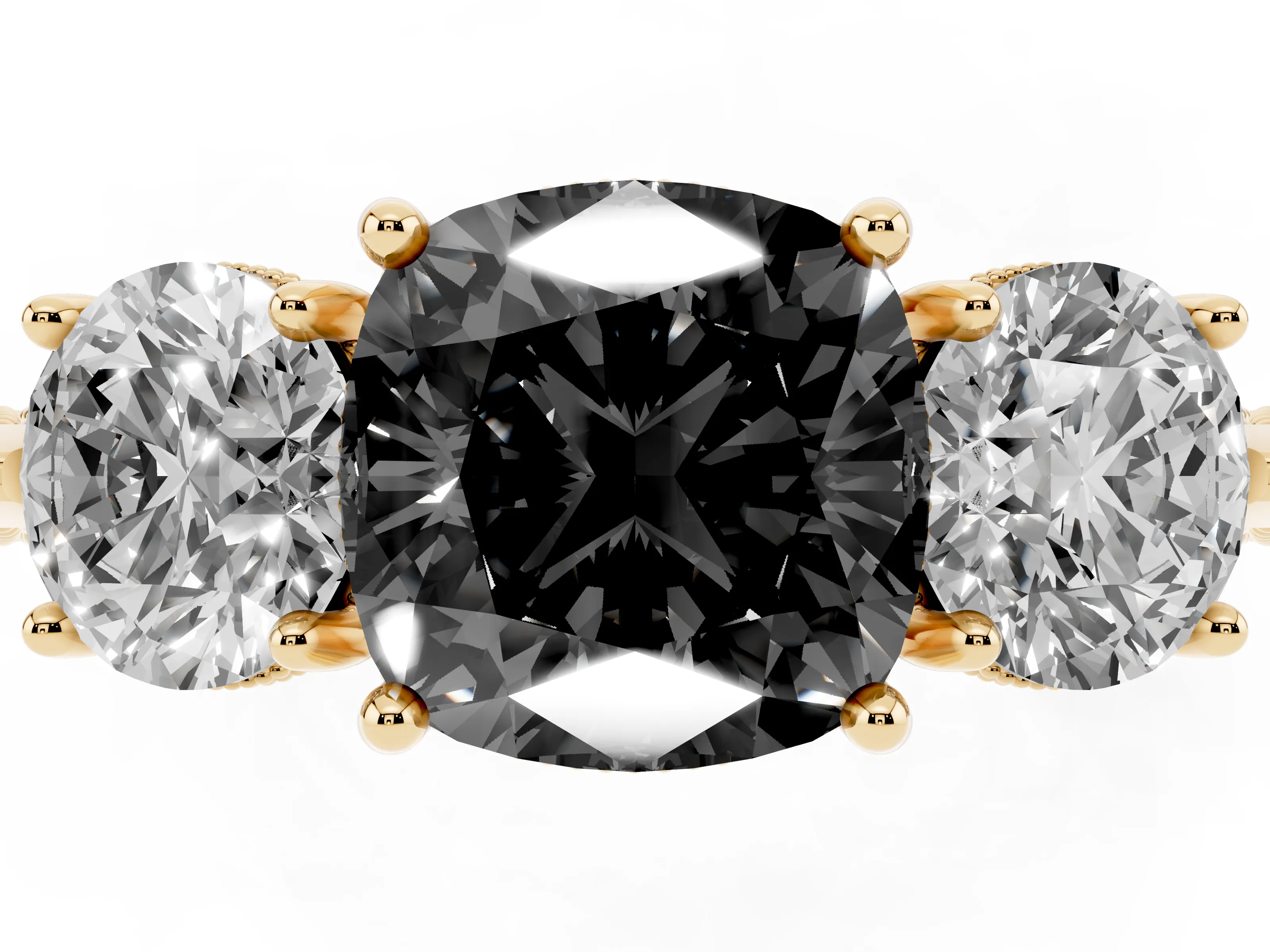 Fancy Black Cushion Cut Diamond Three-Stone Ring Set in Yellow gold with Milgrain Band