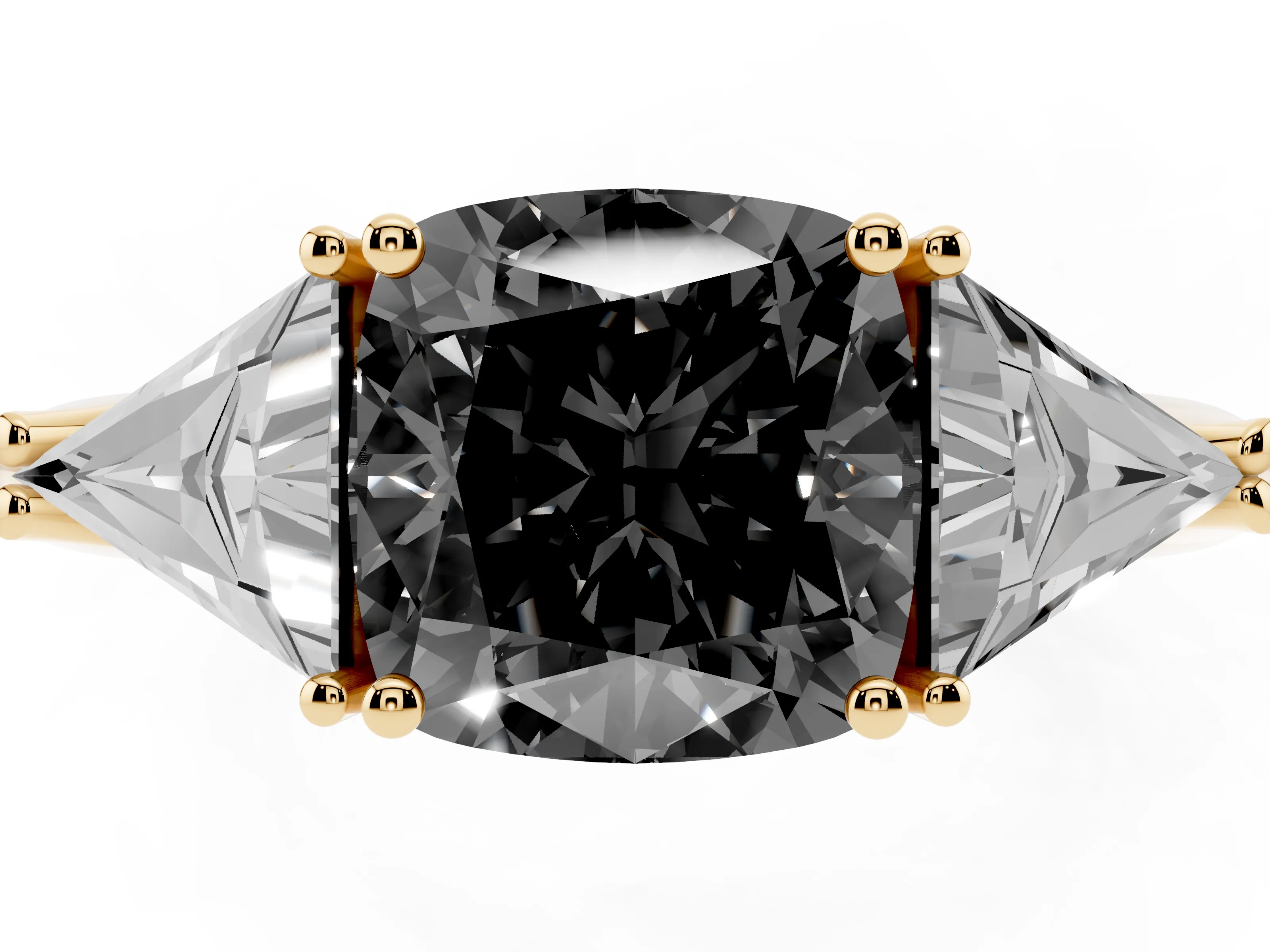 Fancy Black Cushion Cut Diamond Three-Stone Engagement Ring Set in Yellow gold with Trillion Side Stones