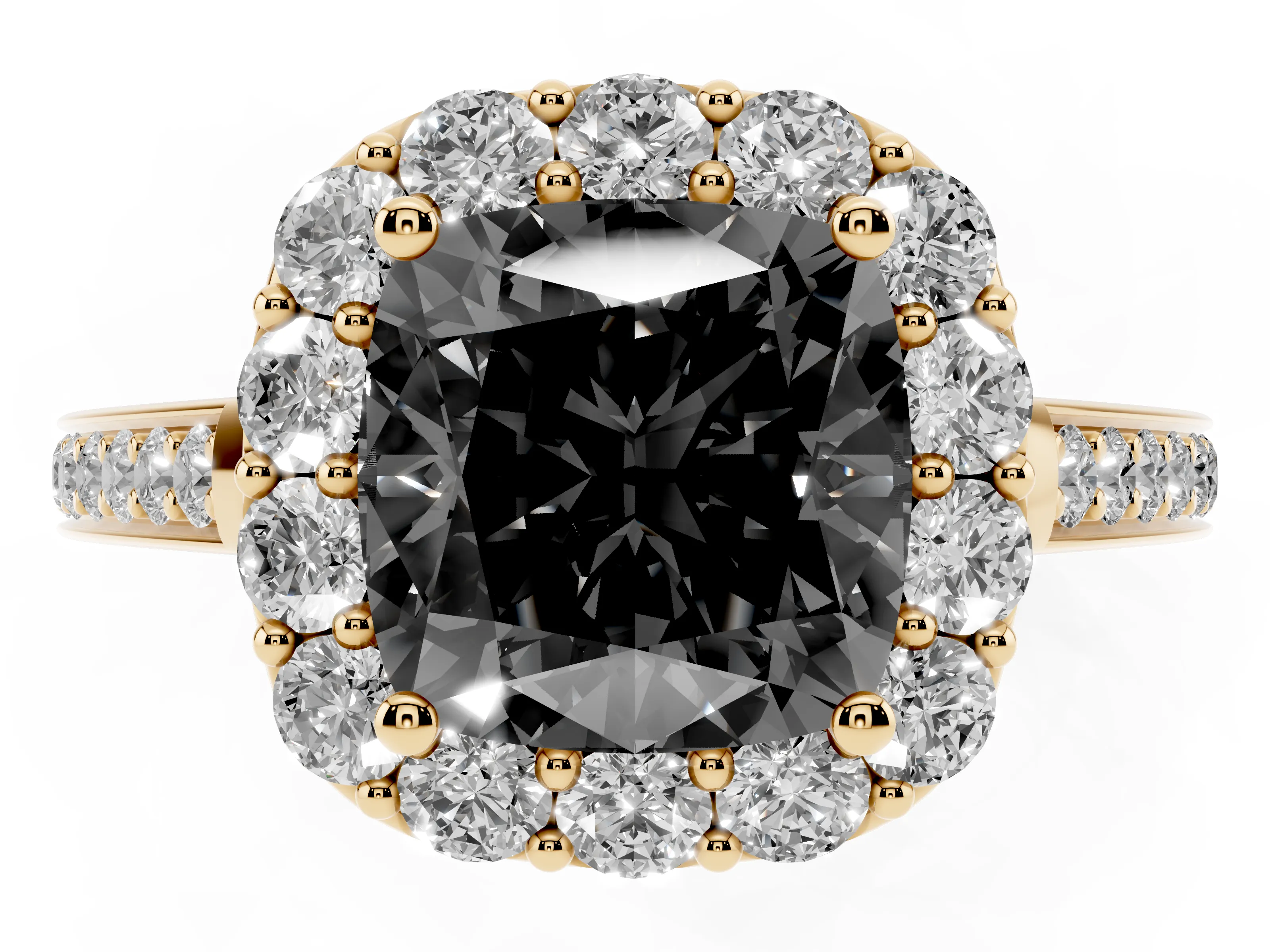 Fancy Black Cushion Cut Diamond Floral Halo Ring Set in Yellow gold with Pavé Band and Prong Setting