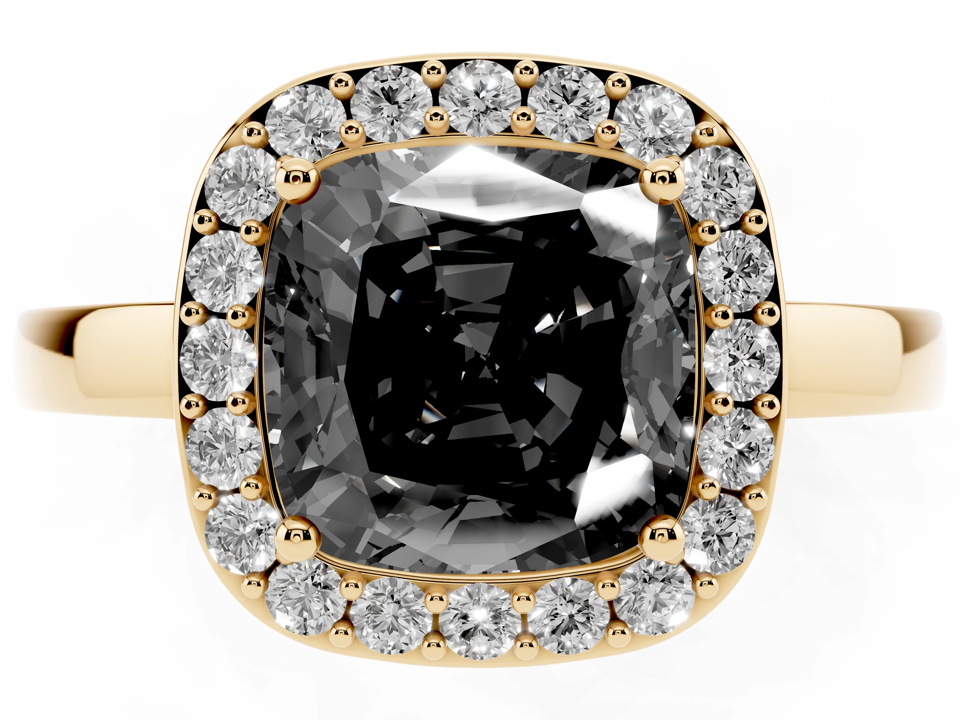 Fancy Black Cushion Cut Diamond Halo Ring Set in Yellow gold with Solitaire Band and Prong Setting
