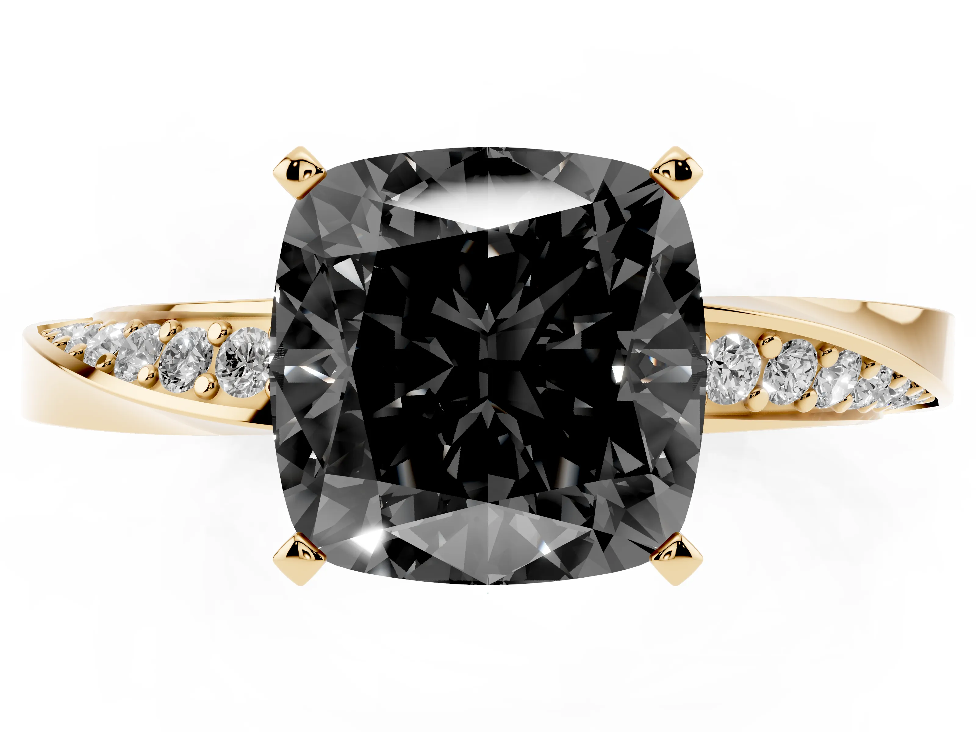 Fancy Black Cushion Cut Diamond Engagement Ring Set in Yellow gold with Side Stone Accents and Prong Setting