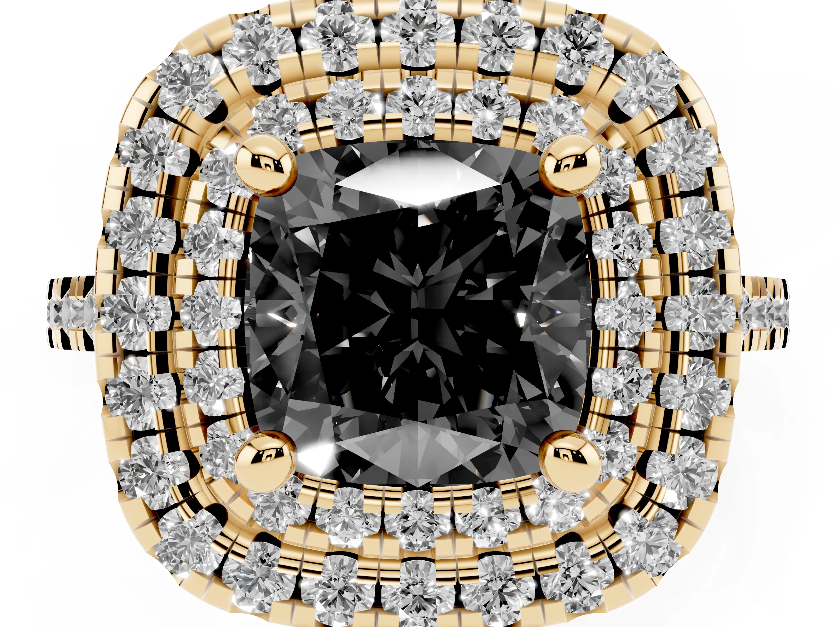 Fancy Black Cushion Cut Diamond Double Halo Statement Ring Set in Yellow gold with Pavé Band