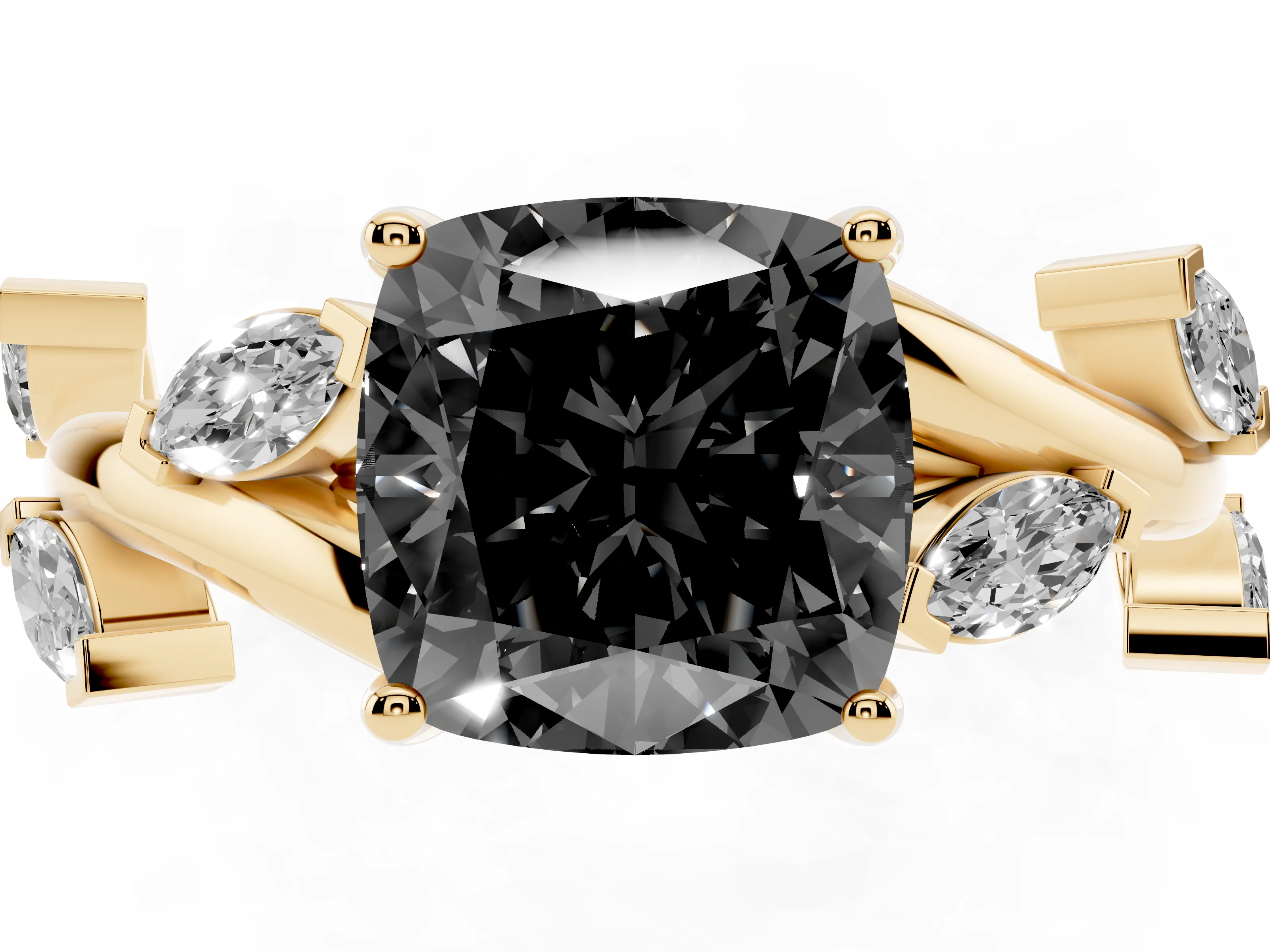 Fancy Black Cushion Cut Diamond Solitaire Ring Set in Yellow gold with Twisted Marquise Accent Band